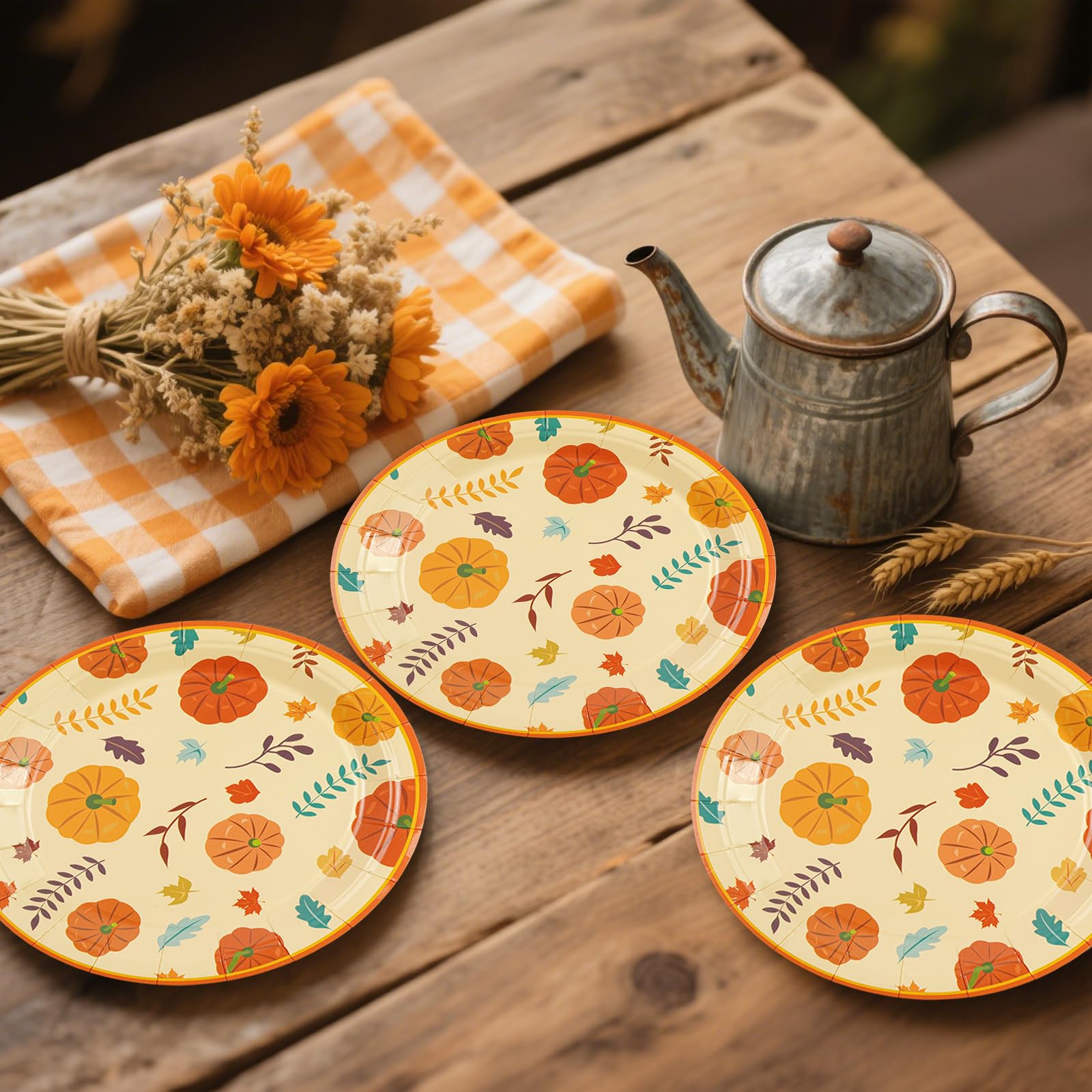 HFBOBP 50 Pack Fall Pumpkin Paper Plates, 7inch Thanksgiving Dessert Plates Autumn Leaves Party Supplies Disposable Tableware Se