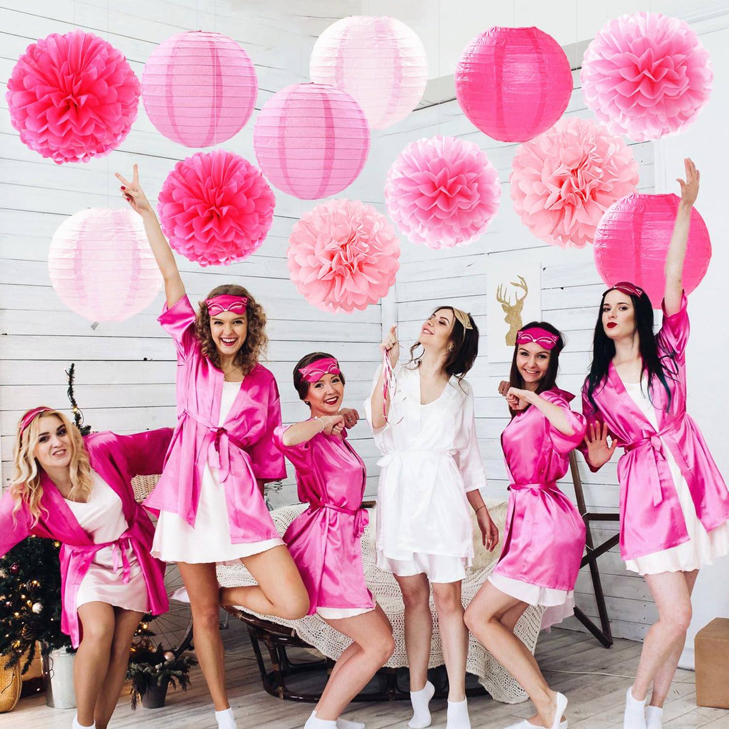 Light-Hot Pink Party-Decorations Paper-Flowers Lanterns- 15Pcs Graduation Girl Birthday Decor Tissue Pom Poms Streamers, Bridal