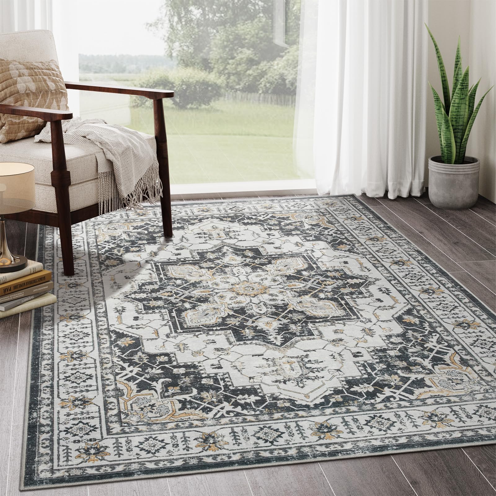 zesthome Area Rug 8x10,Ultra-Thin Washable Rugs for Living Room, Non-Slip Backing Area Rugs,Small Entryway Rug,Vintage Medallion