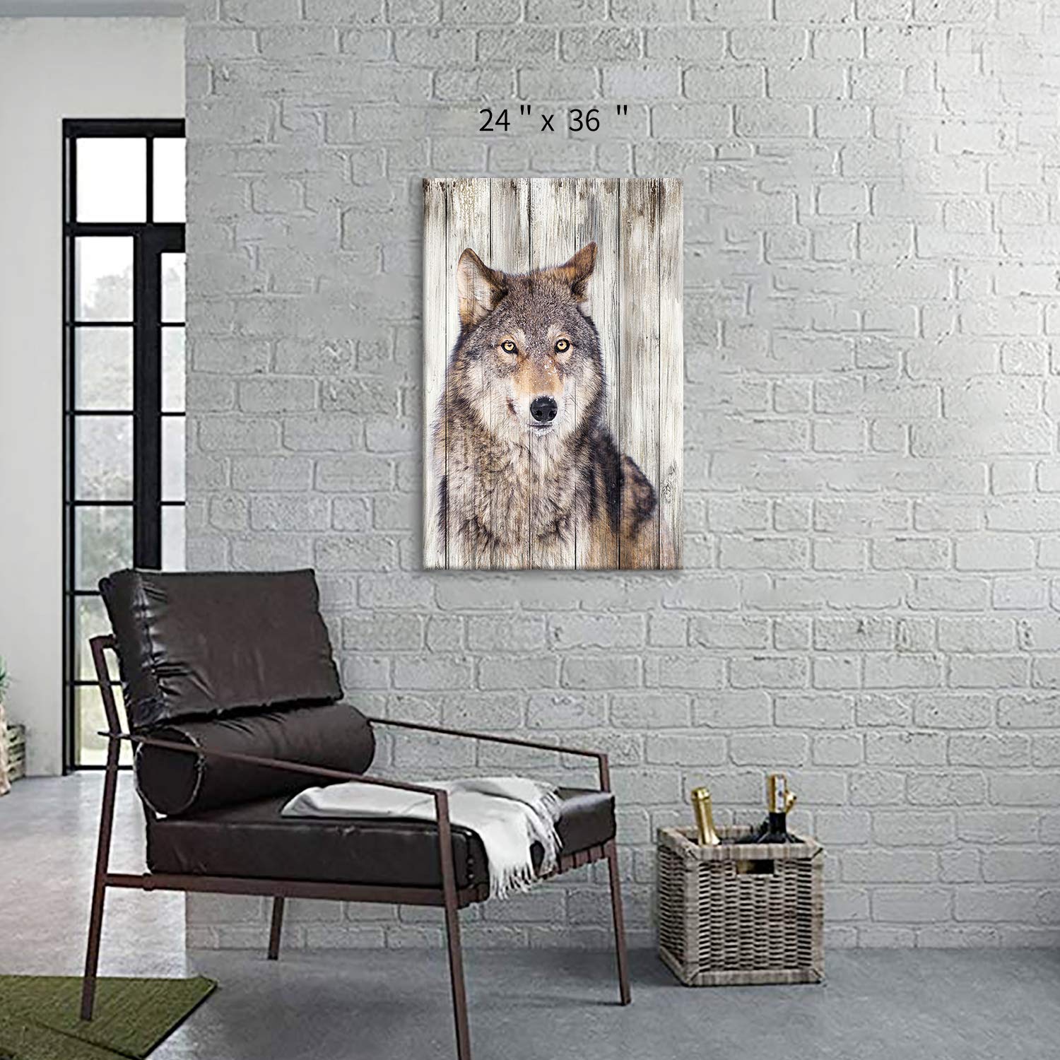 Gray Wolf Canvas Wall Art: Rustic Wooden Textured Background Wild Animal Artwork Wildlife Painting Picture Print For Living Room