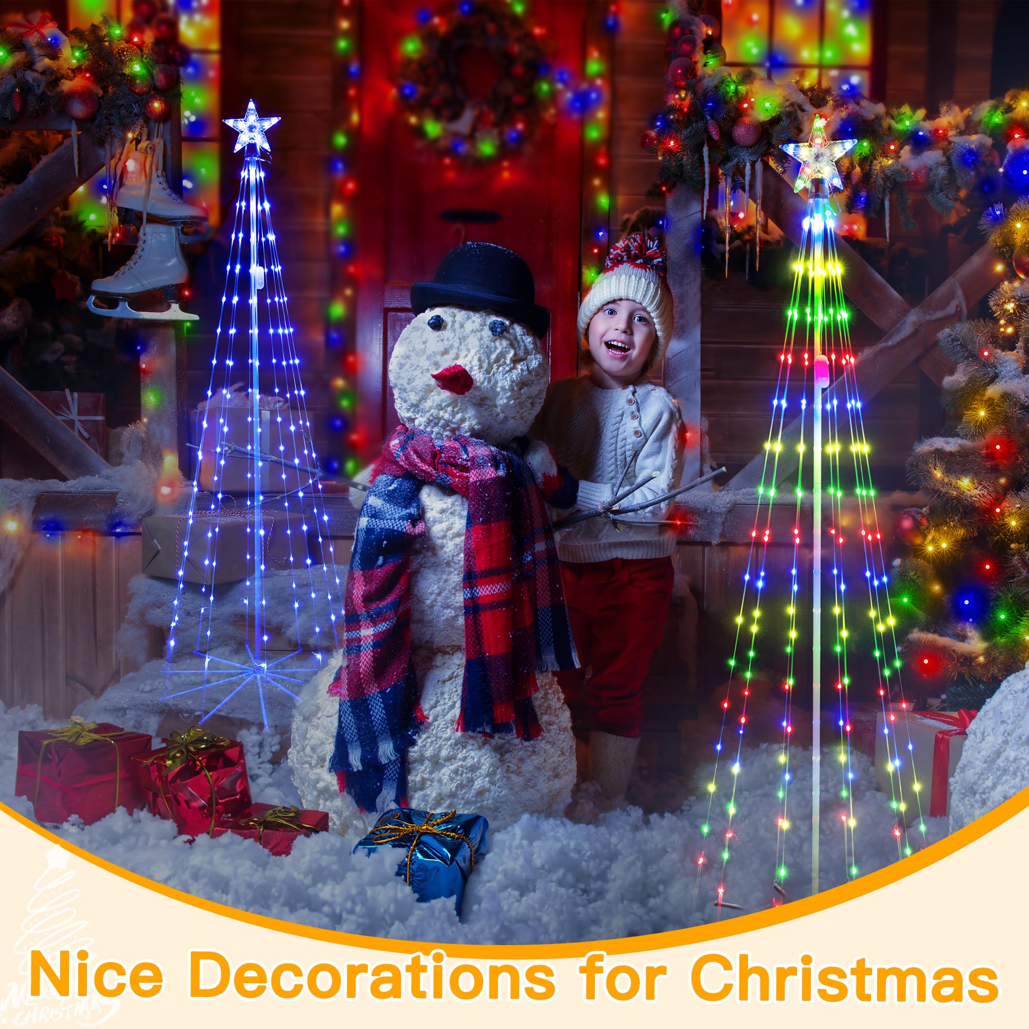 Ollny Christmas Tree Lights 5FT 140 LED, RGB 34 Modes Color Changing Outdoor String Light with Plug in Remote, Waterproof Star L
