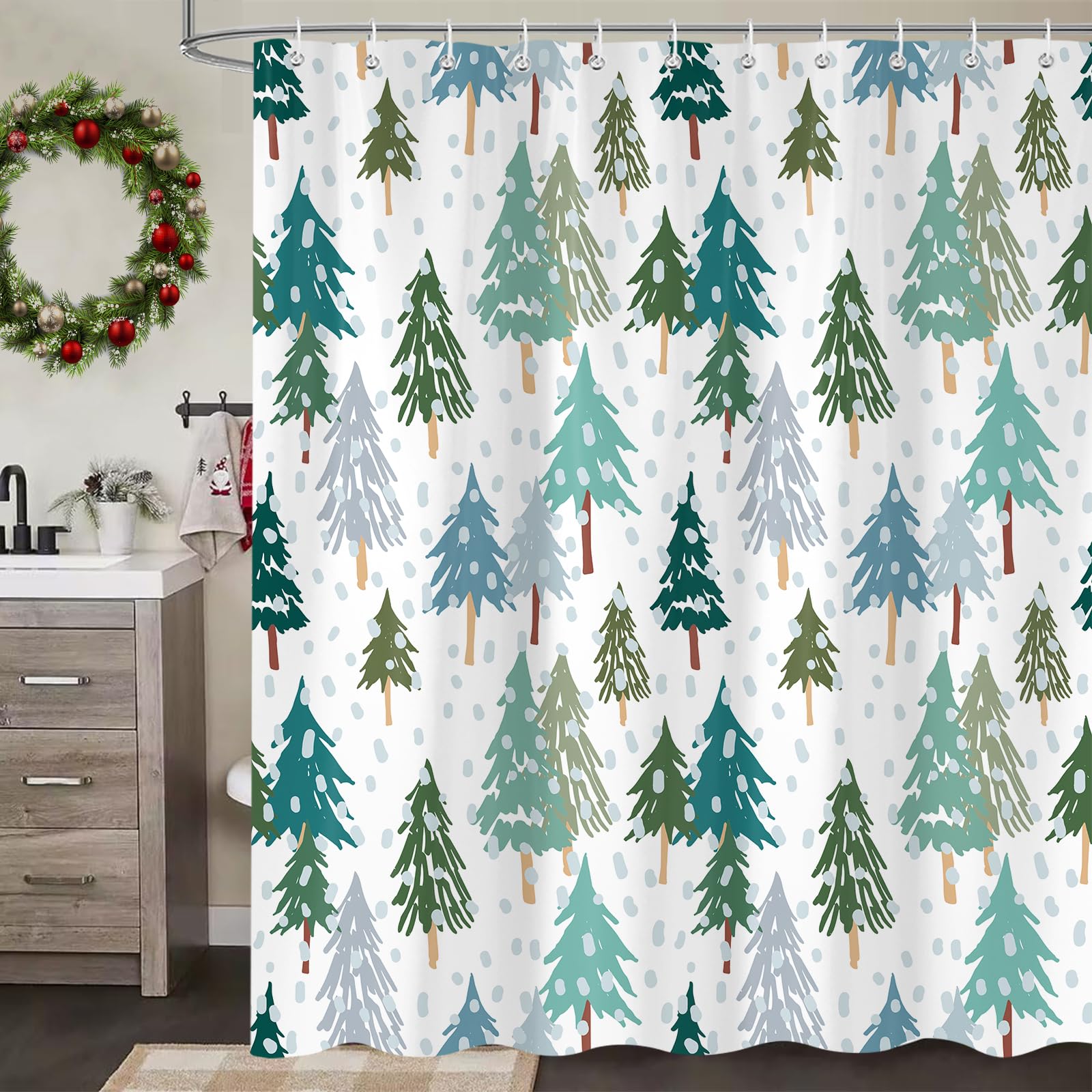 Paopoed Christmas Tree Shower Curtain, Green Pine Tree Winter Xmas Tree Snow Forest Nature Scene Holiday New Year Bathroom Decor