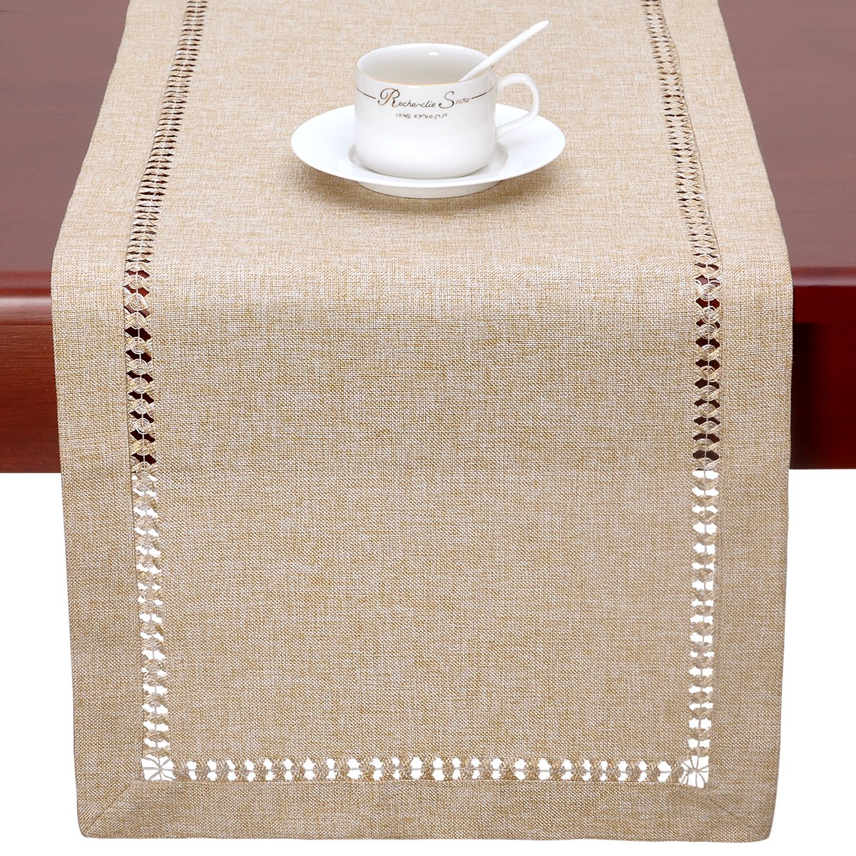 Grelucgo Handmade Hemstitch Beige Table Runner, Rectangular 14 By 90 Inch