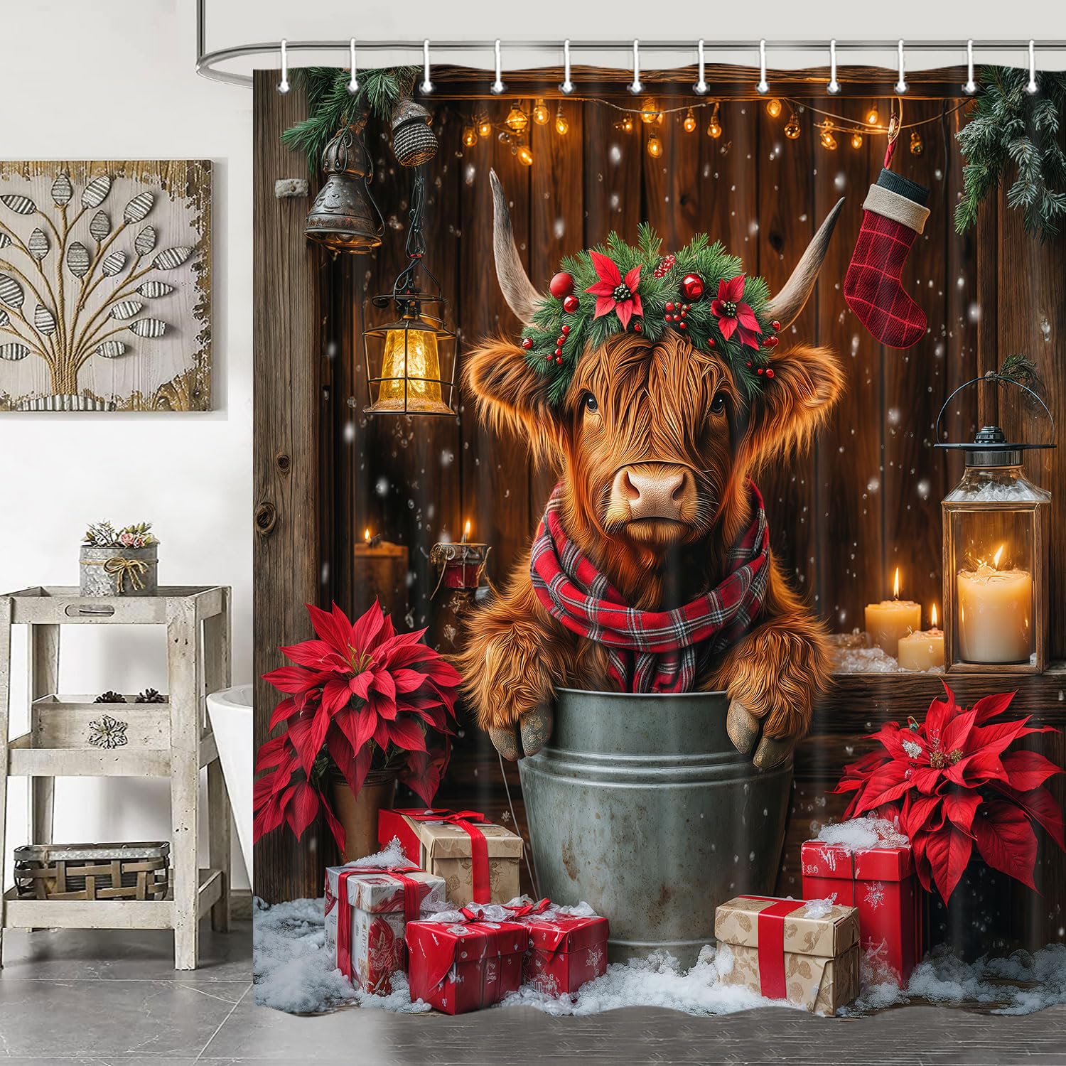 Jipusai Christmas Highland Cow Shower Curtain, Winter Funny Cow Rustic Western Farmhouse Brown Wood Board Shower Curtain Set Bat