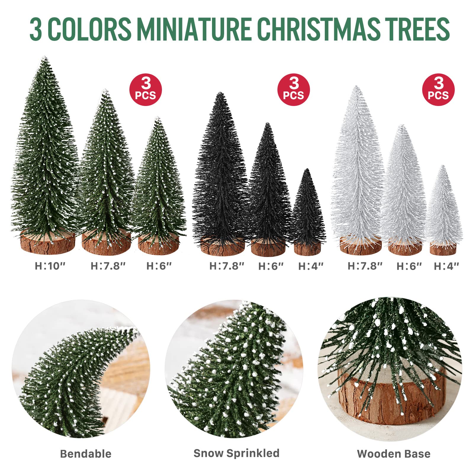 9Pcs Mini Christmas Trees Christmas Decor Artificial Christmas Decorations with 4 Sizes, Christmas Tree Bottle Brush Trees Chris