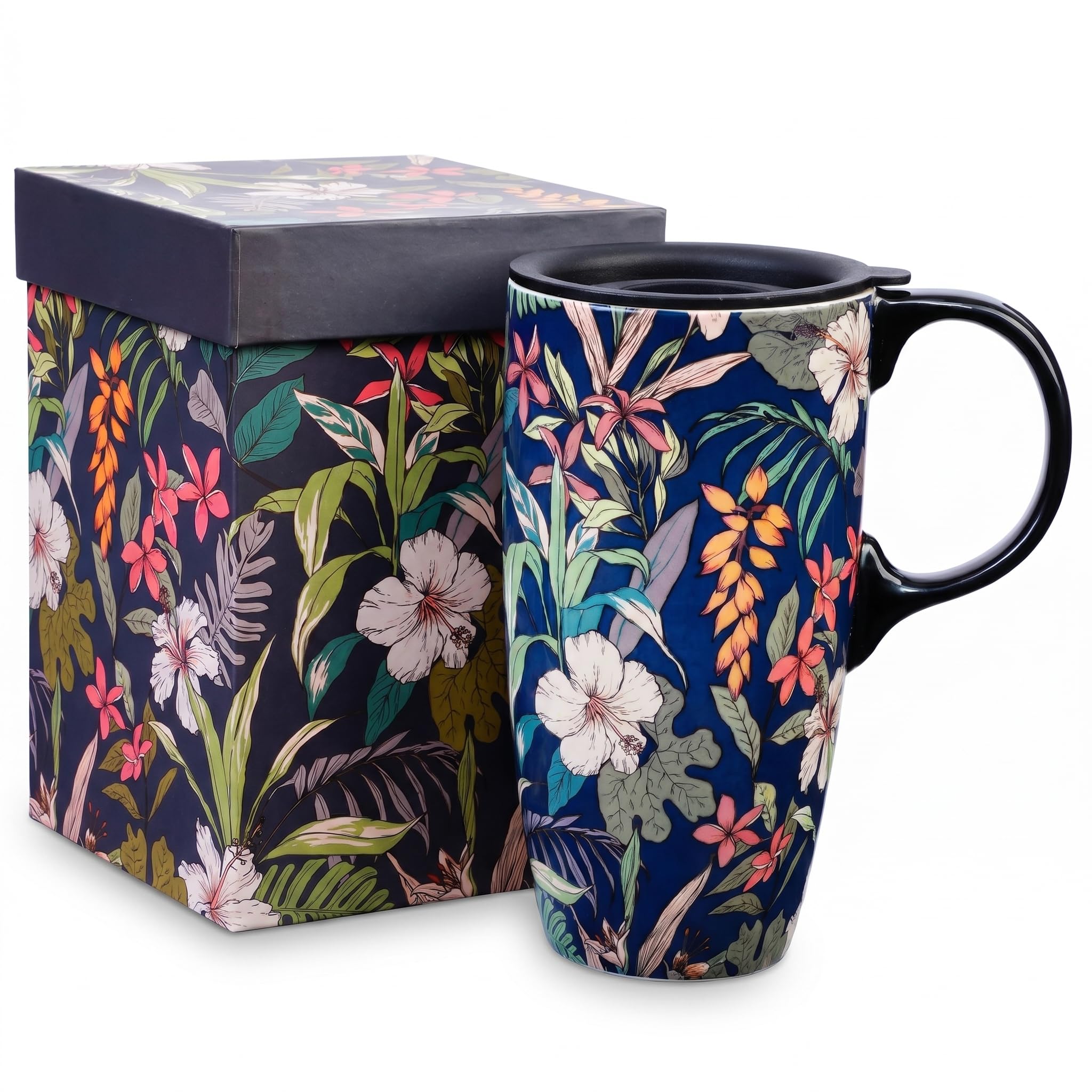 DUSVALLY Ceramic Mugs Large Travel Ceramic Coffee Mug Porcelain Coffee Cup with Spillproof Lid,17 oz, Navy Tropical Floral