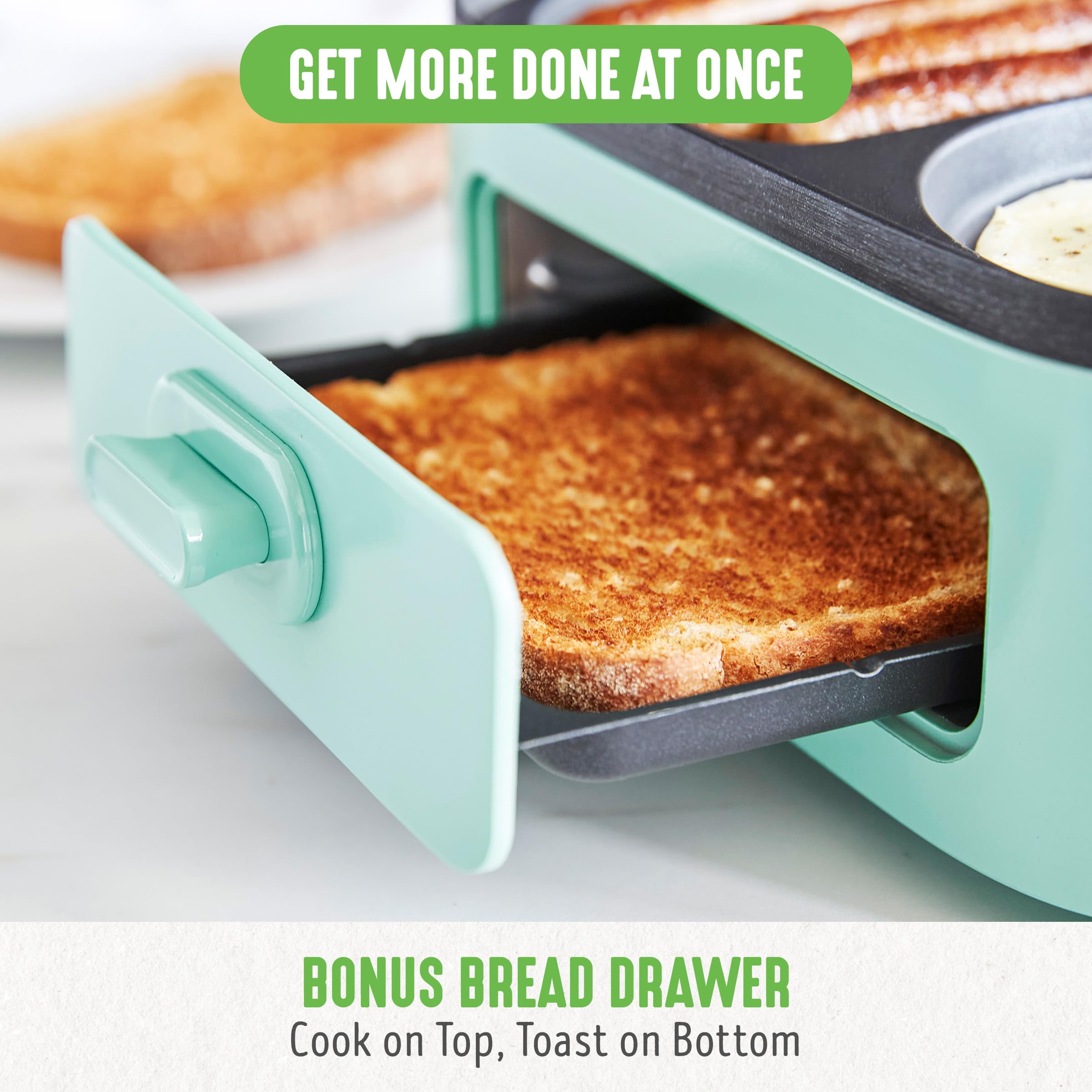 Greenlife 3-In-1 Breakfast Maker Station, Healthy Ceramic Nonstick Dual Griddles For Eggs Meat And Pancakes, 2 Slice Toast Drawe
