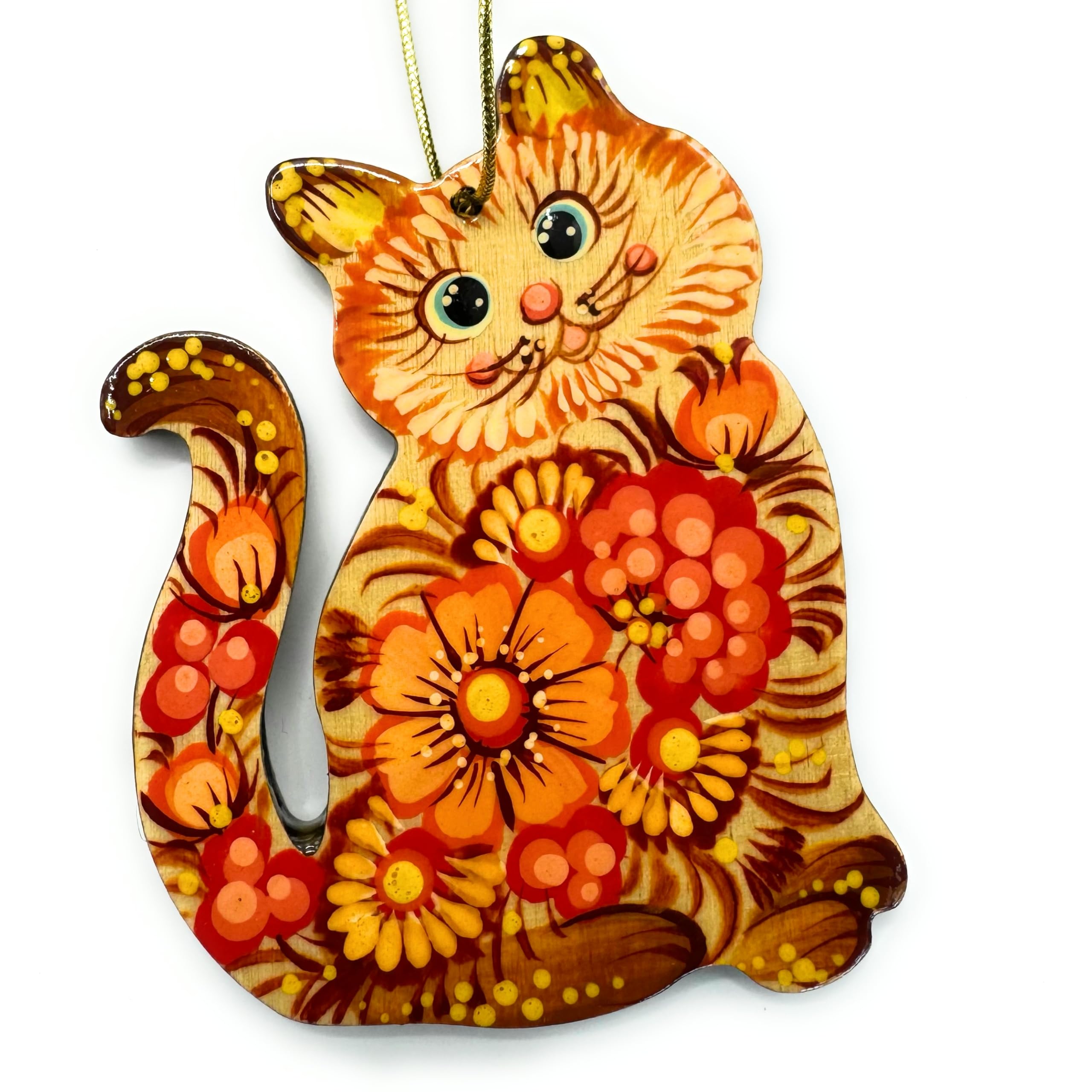 Ukrainian Traditional Hand painted Cat Christmas Tree Ornament Wooden Animal Hanging Decoration 3,3 ? 2,8 ? 0,2 Inch | 7 ? 8,5 ?