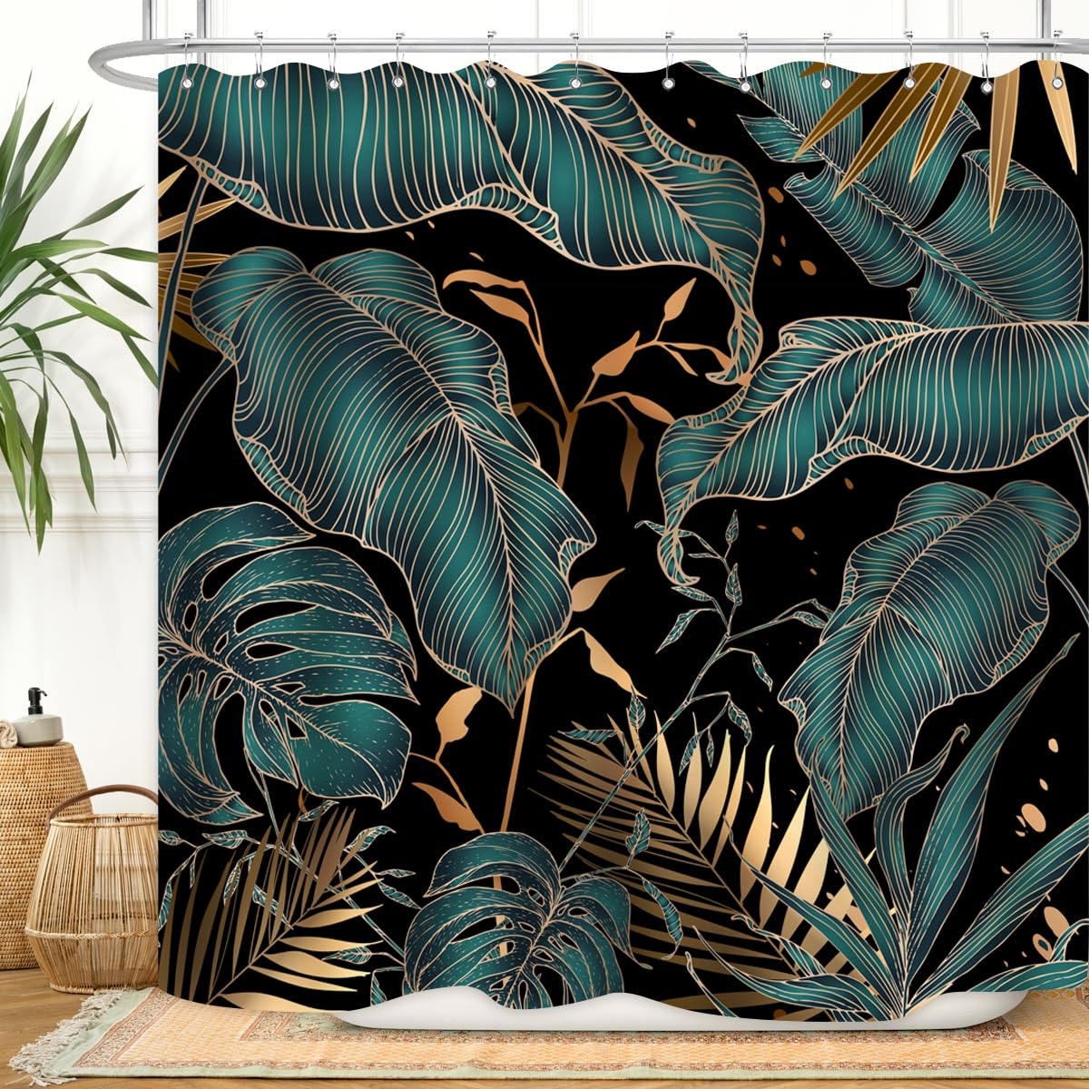 Zxmbf Green Gold Tropical Palm Leaves Shower Curtain Abstract Banana Leaf Modern Botanical Plant Nature Aesthetic Emerald Green