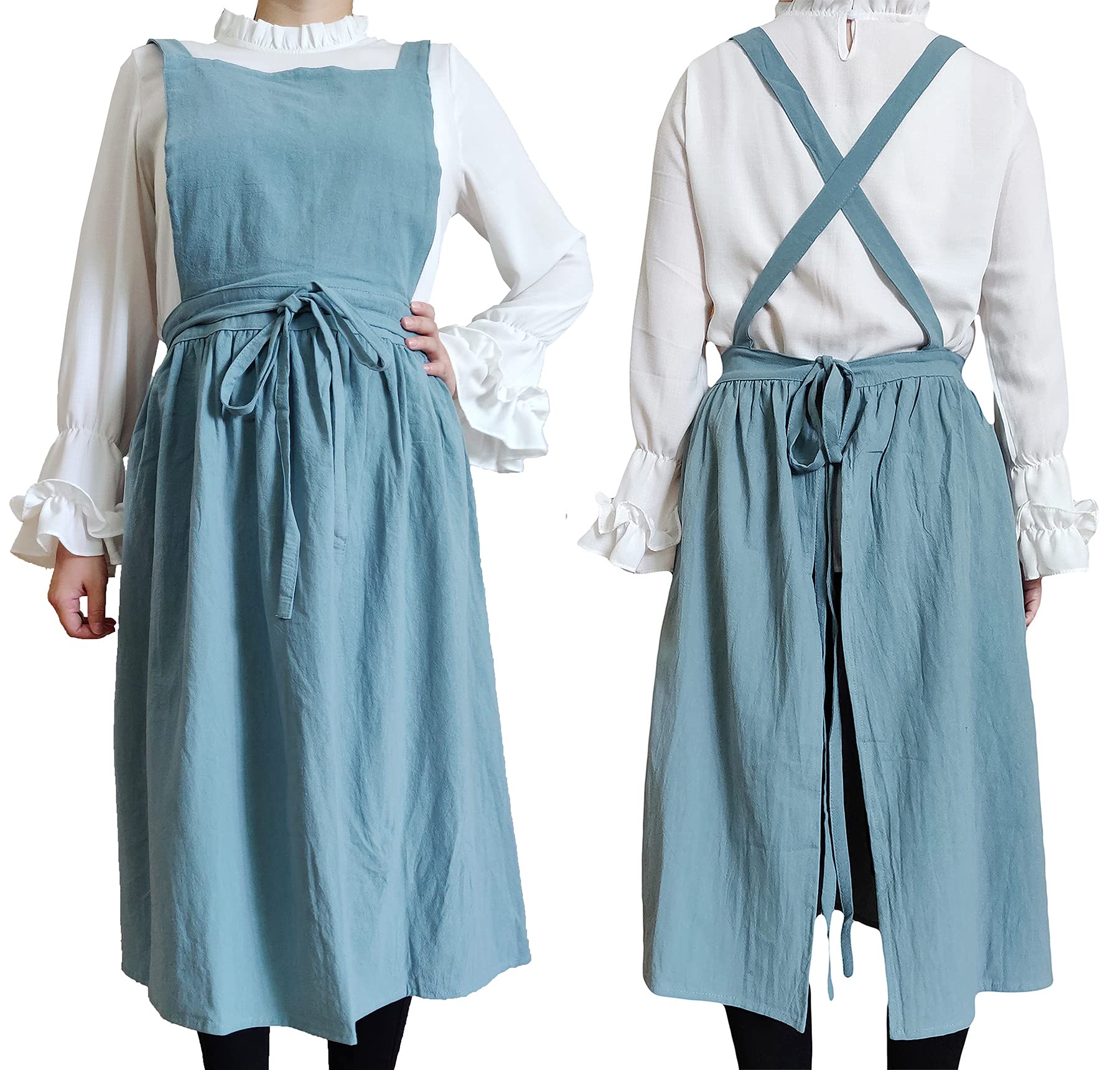 Losofar Women Girls Vintage Apron Gardening Works Cross Back Pinafore Dress (Green(No Pocket), 33''X 29'')