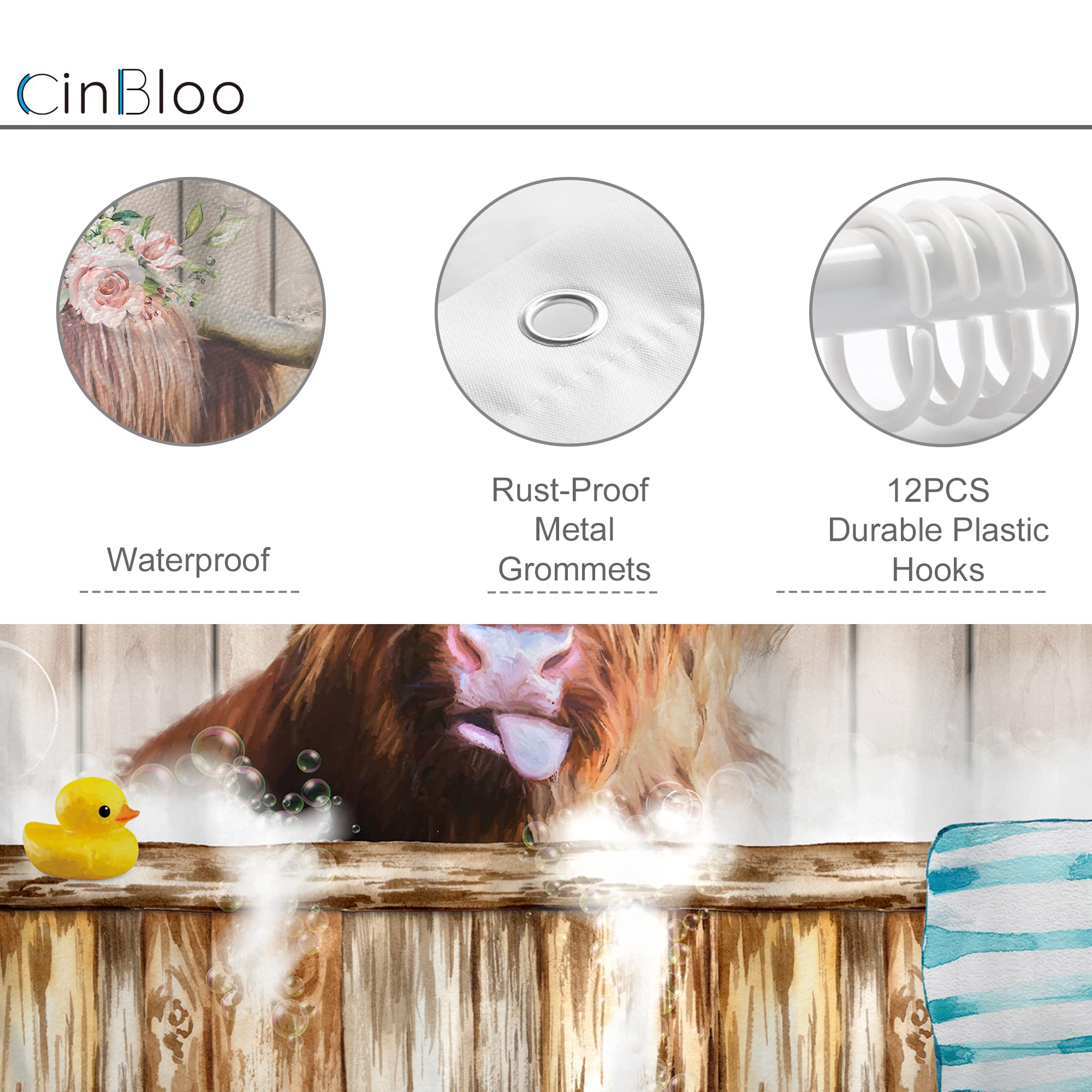 Cinbloo Farmhouse Highland Cow Shower Curtain Country Funny Western Cattle Bull Bathroom Curtain Cute Farm Animal Flower Bath Cu