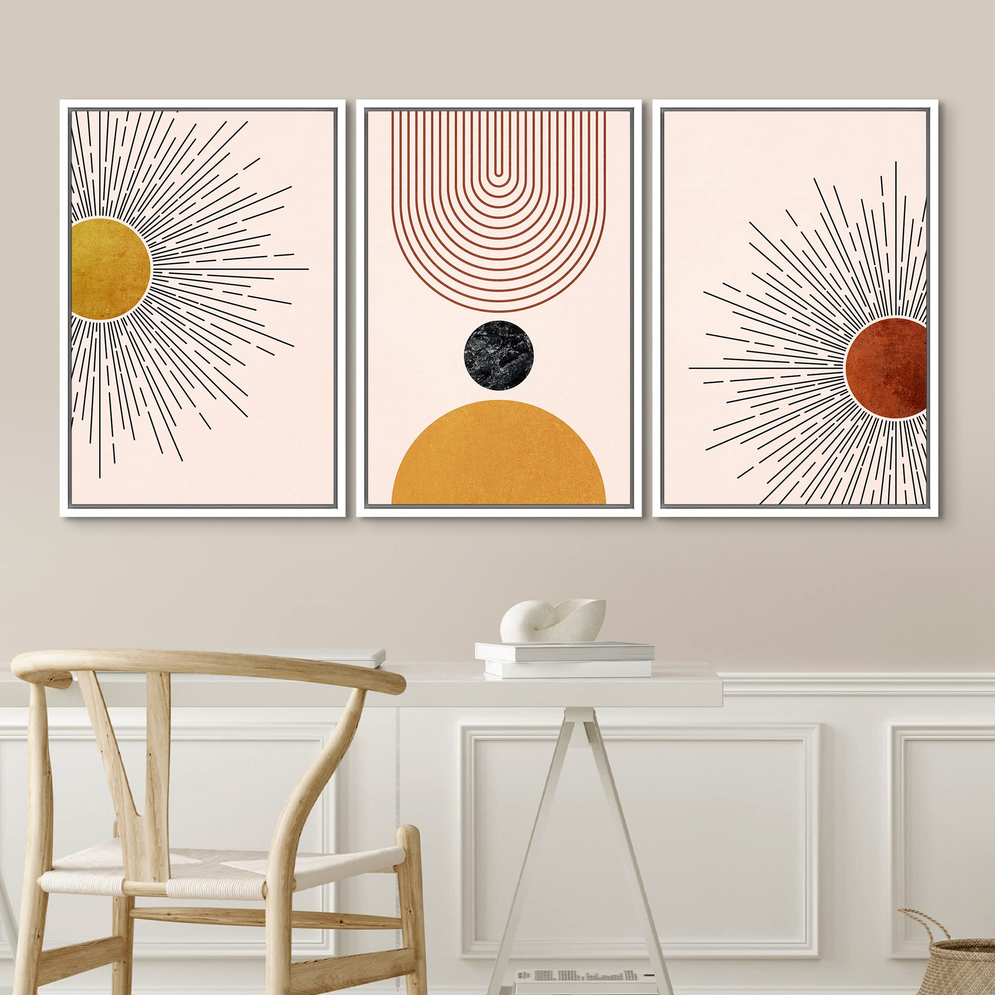 Idea4Wall Framed Canvas Print Wall Art Set Mid-Century Geometric Solar Sun Space Planets Abstract Shapes Illustrations Minimalis