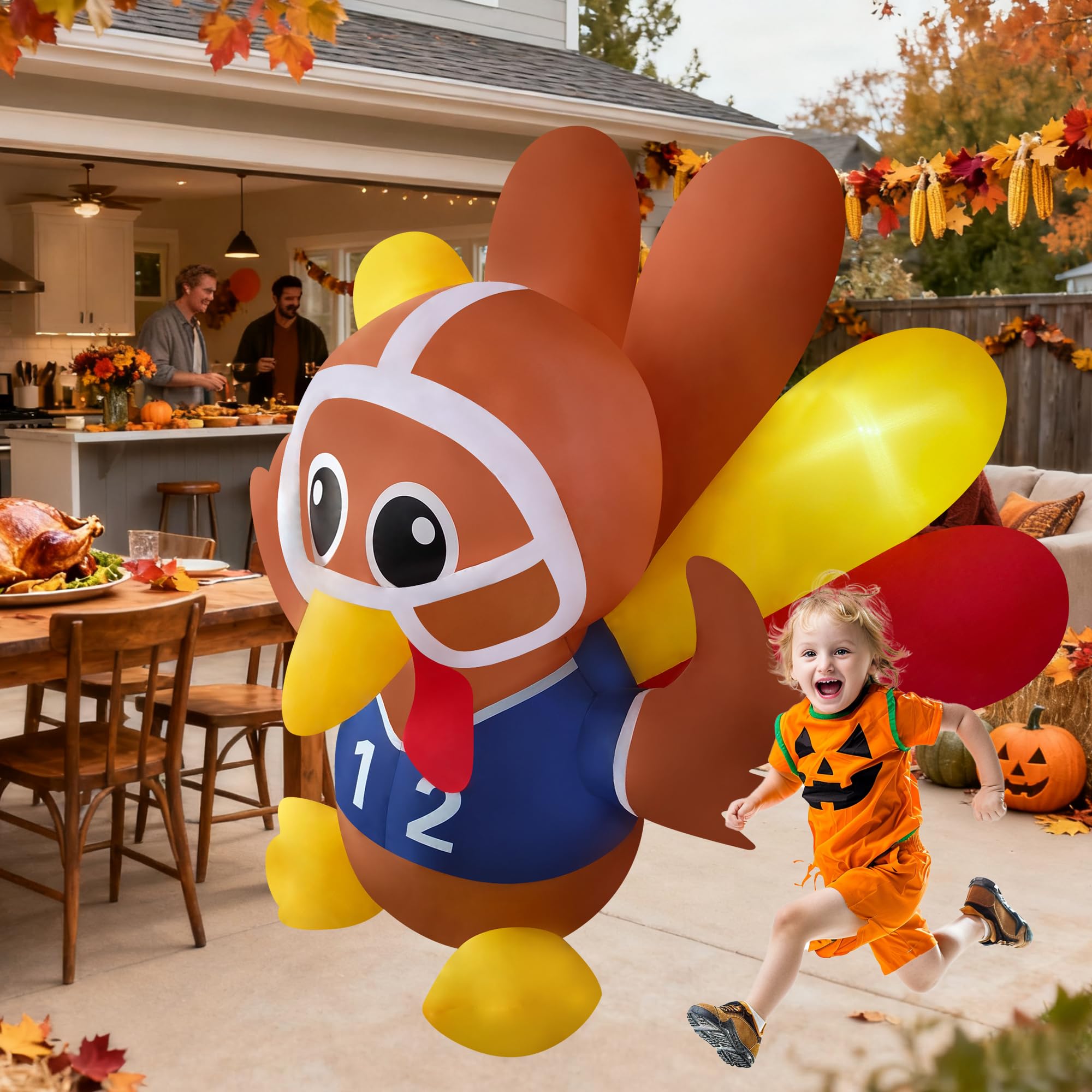 Hacricos 6ft Tall 7ft Wide Thanksgiving Inflatable Turkey Decorations Football Player Turkey Blow up Yard Decor with Led Lights