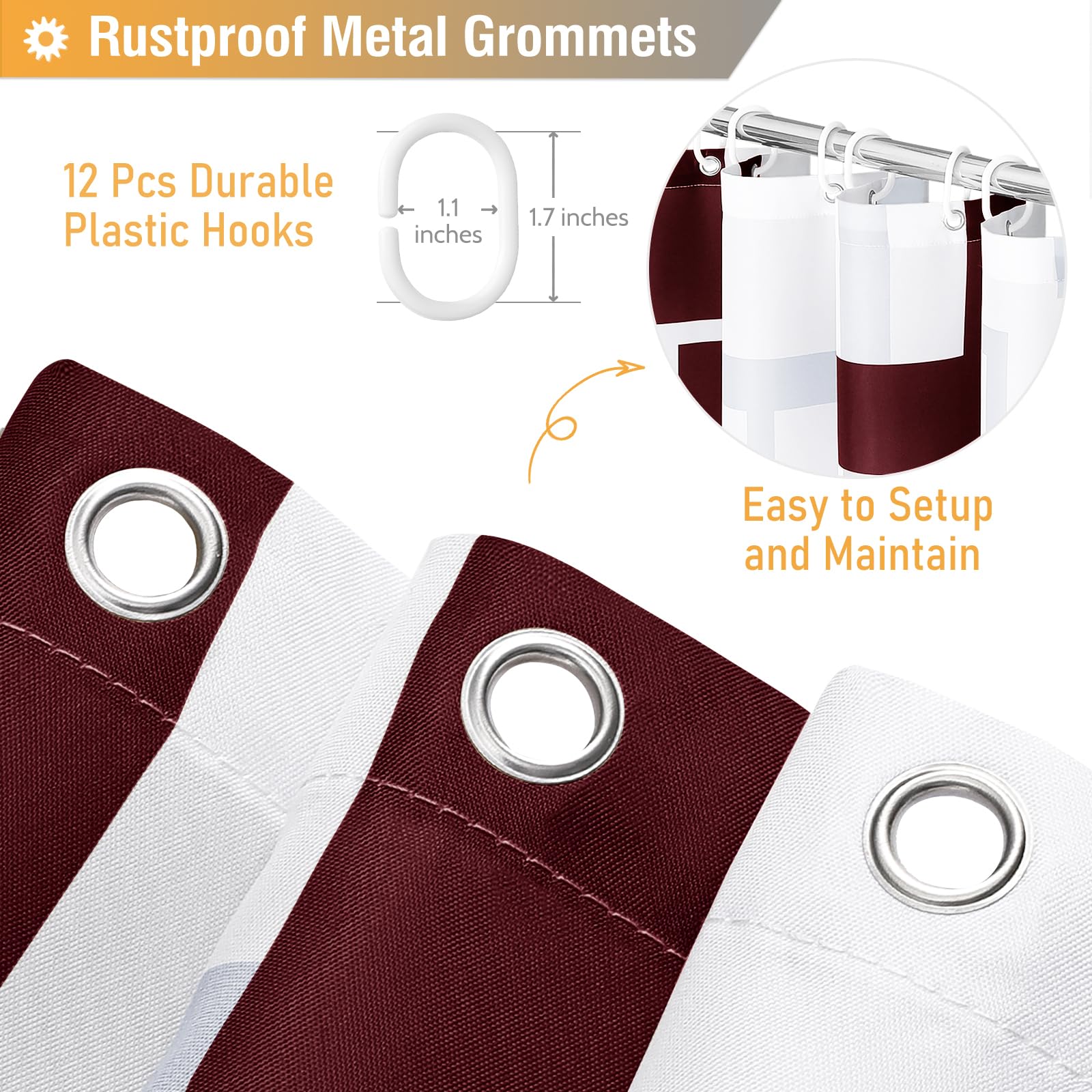 BTTN Burgundy Fabric Shower Curtain  Geometric Cloth Shower Curtain Set with 12 Plastic Hooks  Water Repellent  Machine Washable  Hotel Modern Decorative Polyester Shower Curtains for Bathroom  72x72