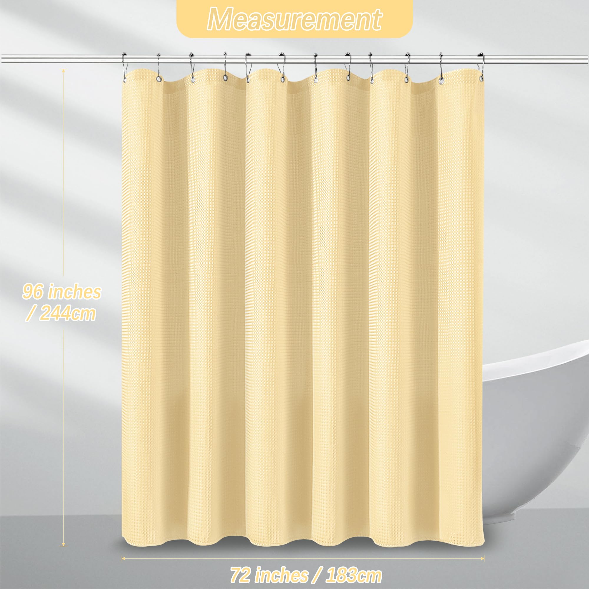 Pangsinne Extra Long Shower Curtains 96 Inch Beige Waffle Shower Curtain For Bathroom, Heavy Duty 256Gsm Modern Shower Curtain,