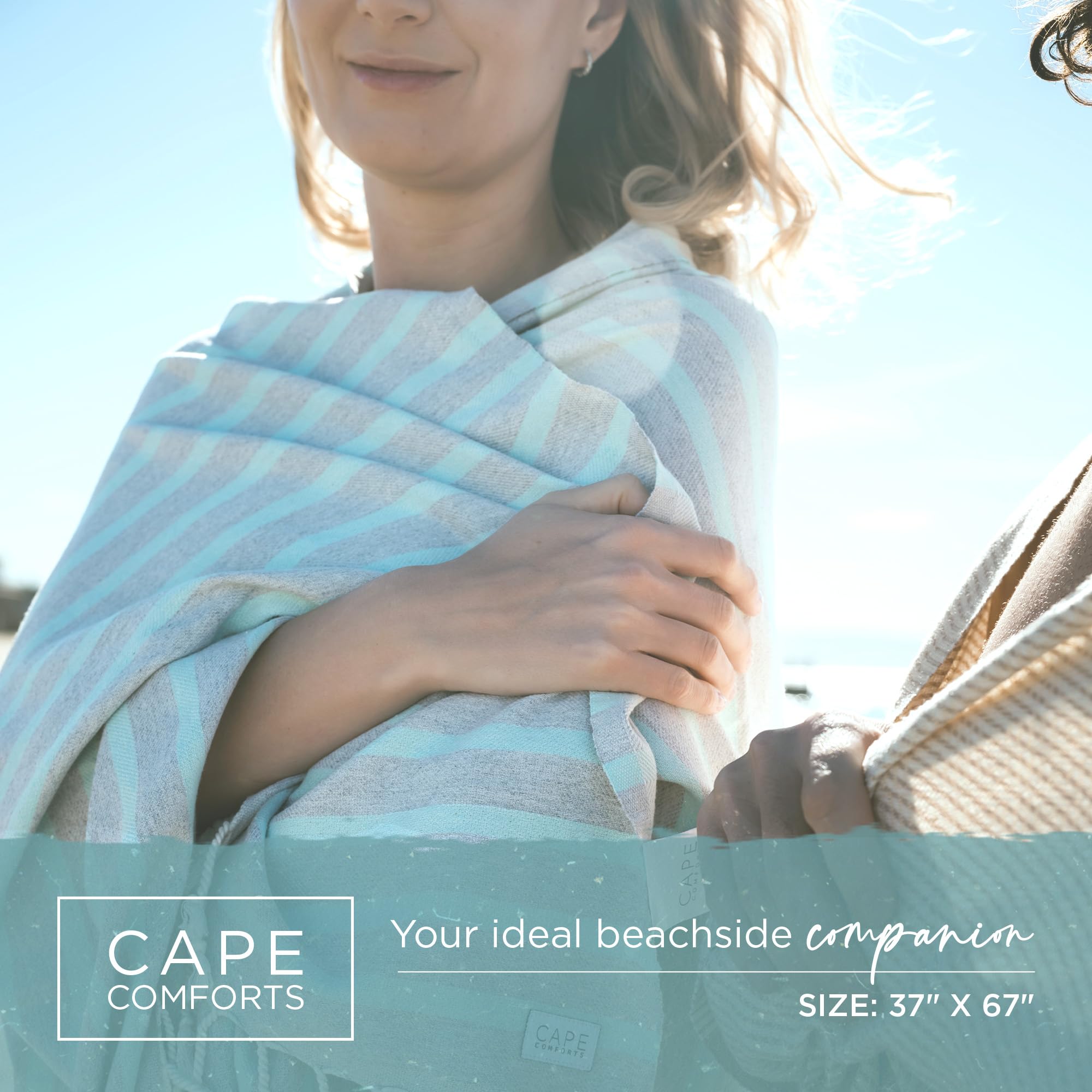 Cape Comforts Large Turkish Beach Towel, Striped Light Grey & Mint - 37'' X 67'' - Super Soft & Lightweight - Quick Dry Sand Fre