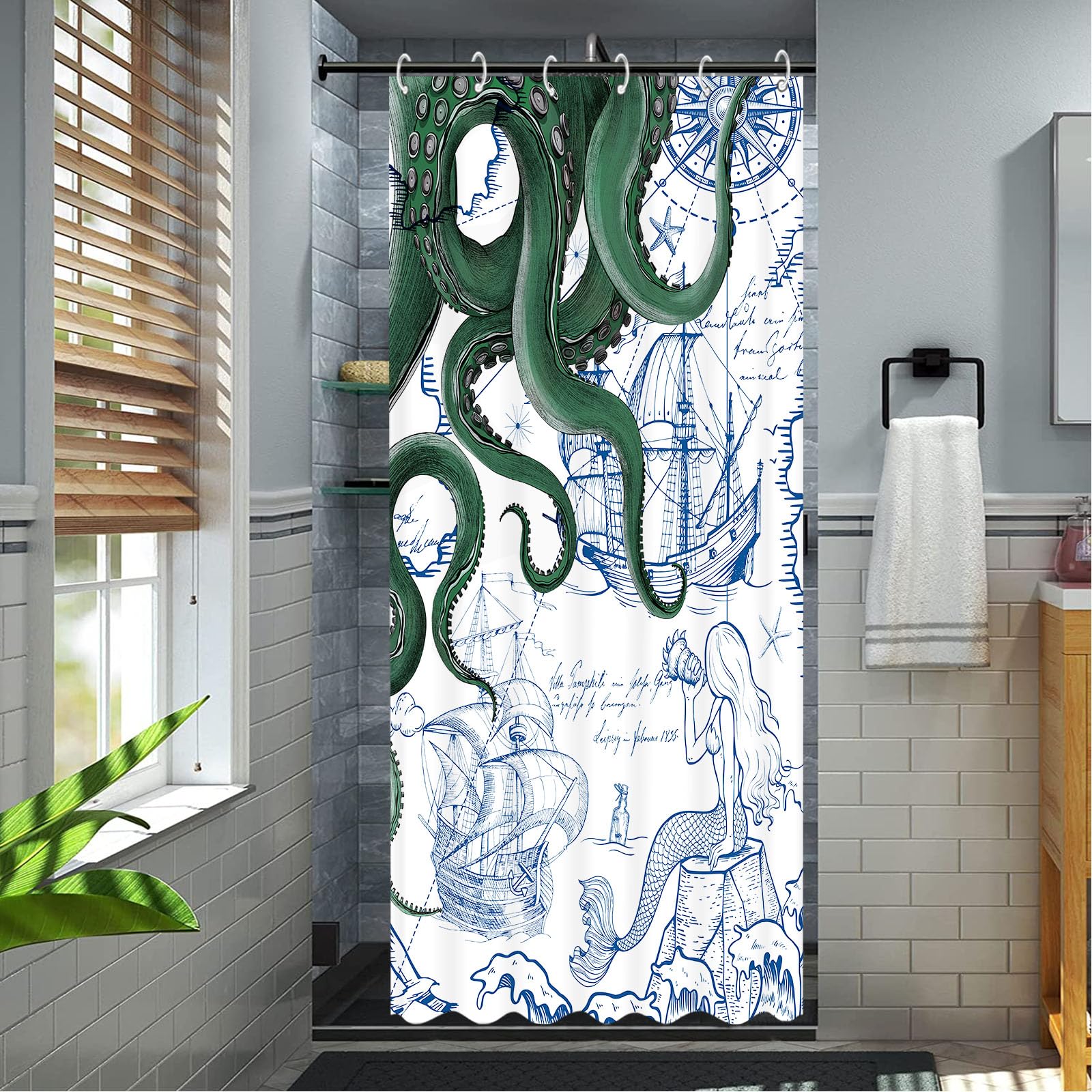 Fungarth Stall Green Nautical Octopus Shower Curtain Navy Blue Mermaid Funny Ocean Kraken Shower Curtains For Bathroom Cool Anch