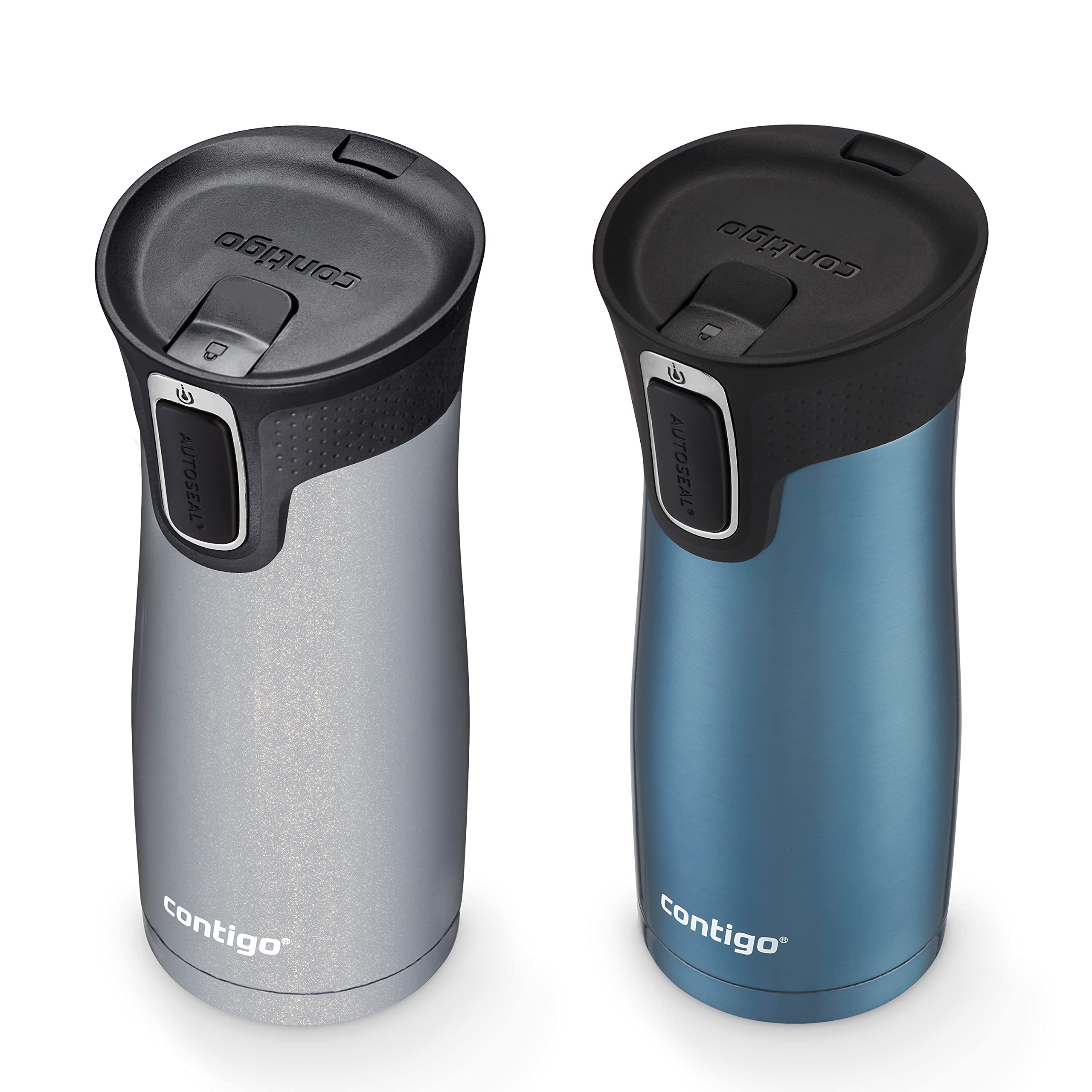 Contigo Autoseal West Loop Vacuum-Insulated Stainless Steel Travel Mug With Easy-Clean Lid, 16Oz., 2 Pack, Dark Ice, Gold Morel