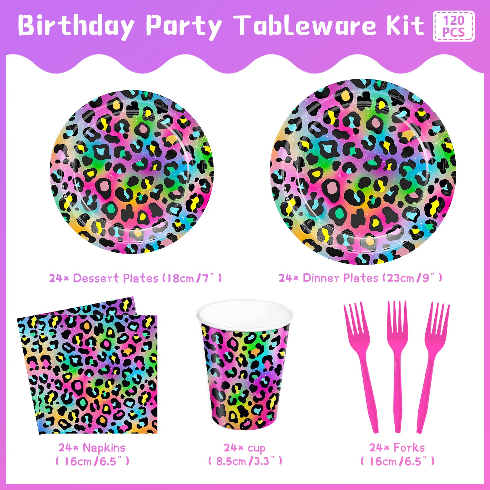 Xienbloc 120Pcs Neon Rainbow Leopard Birthday Party Supplies Paper Plates Napkins Cheetah Girl'S Sparkly Splatter Paper Tablewar