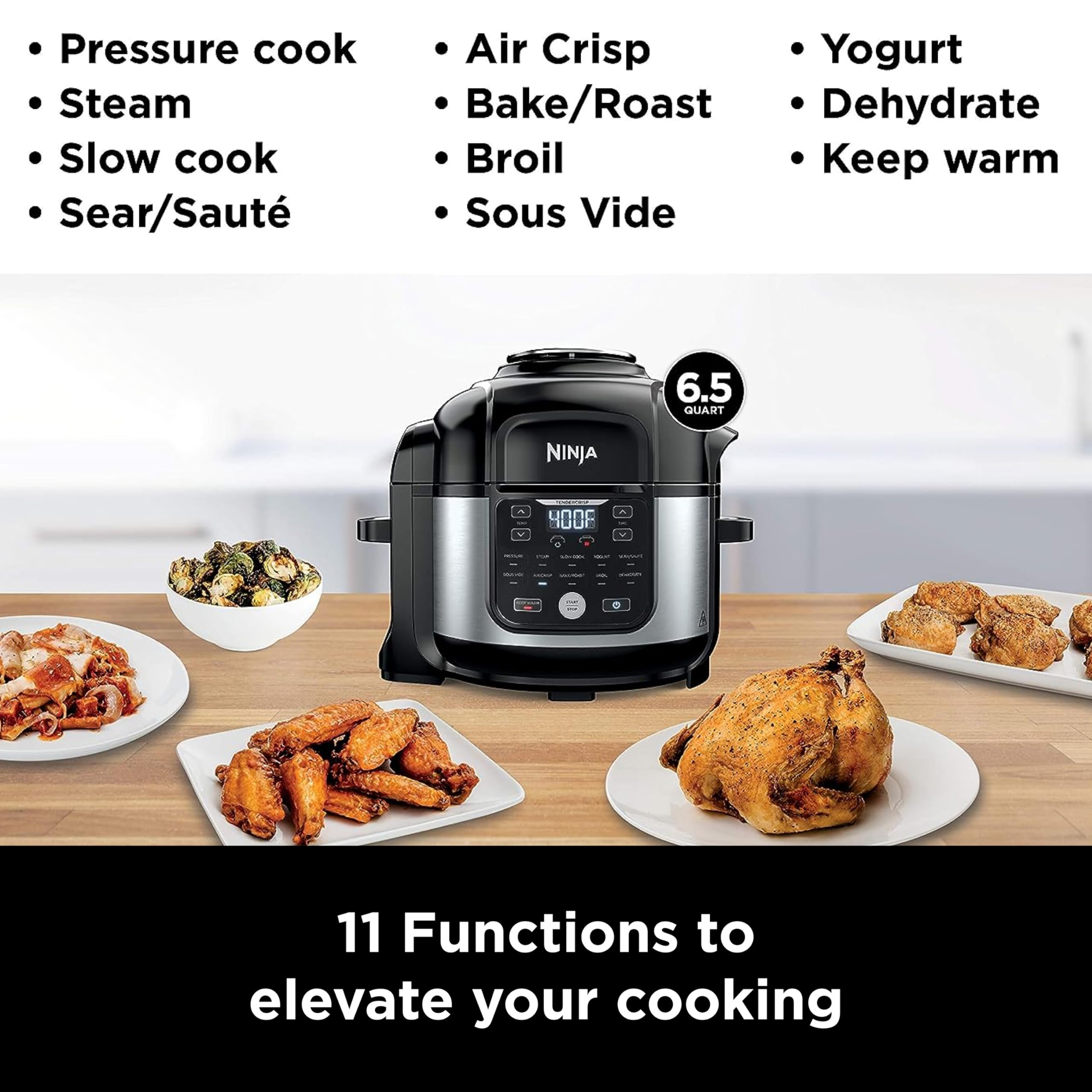 Ninja Foodi 11-in-1 Air Fryer Pressure Cooker FD302, 6.5 qt, Stainless Steel, Black/Silver, Includes Crisper Plate & Recipe Book