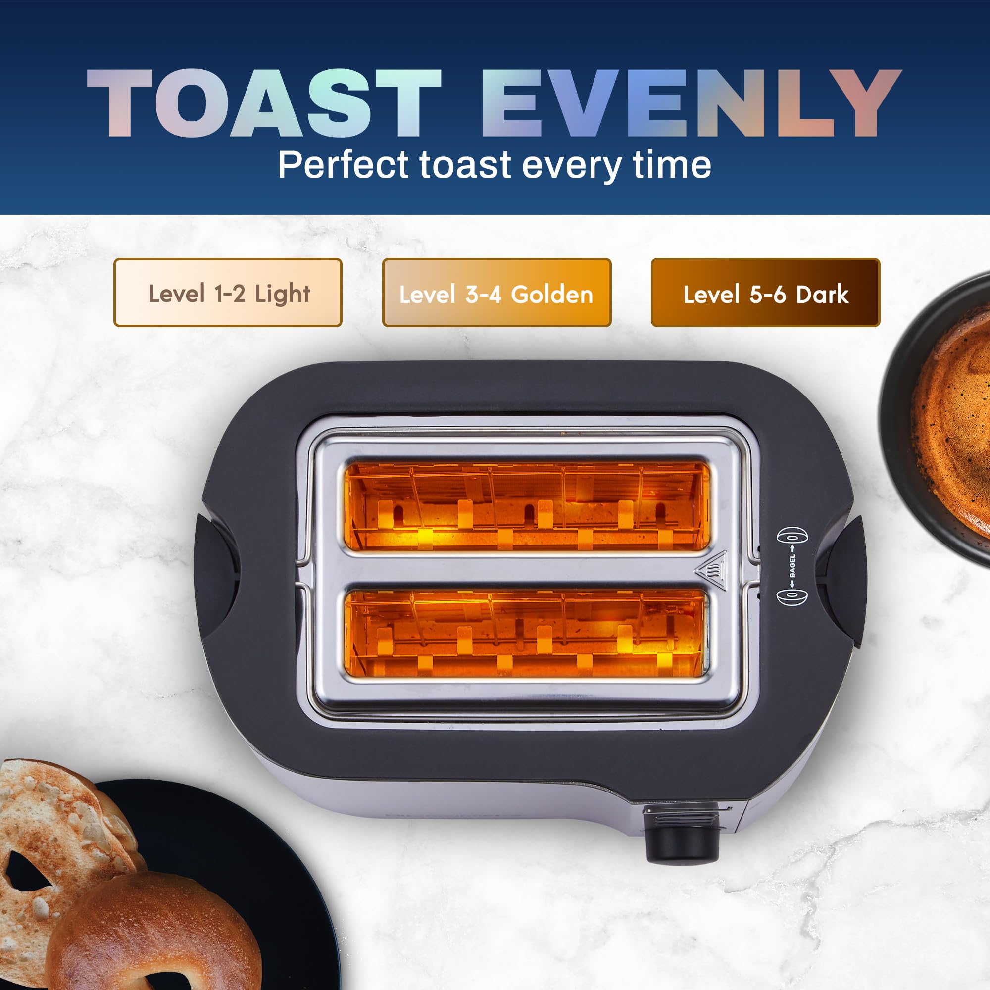 Elite Gourmet 2-Slice Toaster, Stainless Steel, Extra Wide Slot, 6 Toast Settings, Bagel Function, Model ECT2145