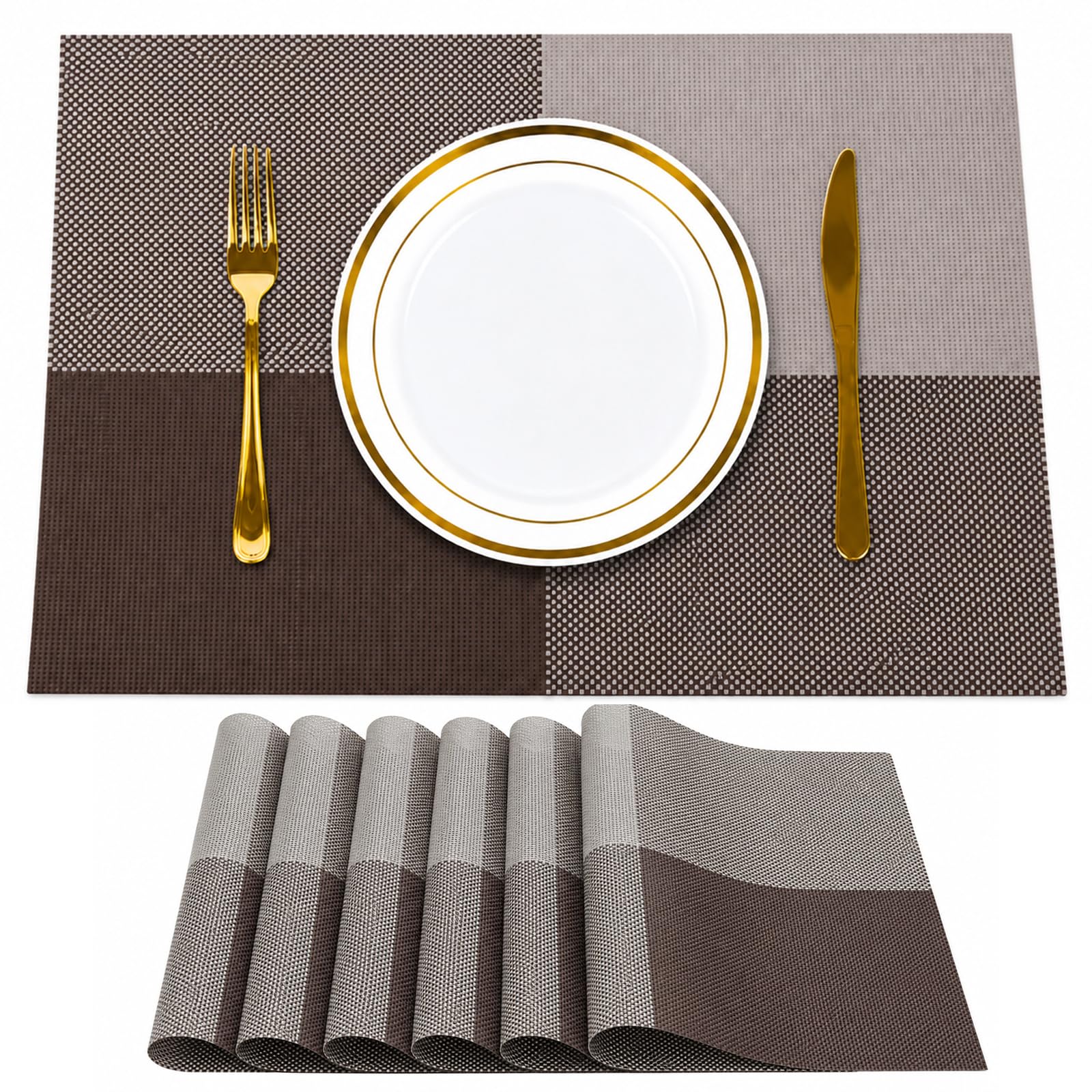 Solitude Set of 6 Dining Table Placemats | NonSlip PVC Table Mats, Heat Resistant, Washable, StainResistant Surface (Beige & C