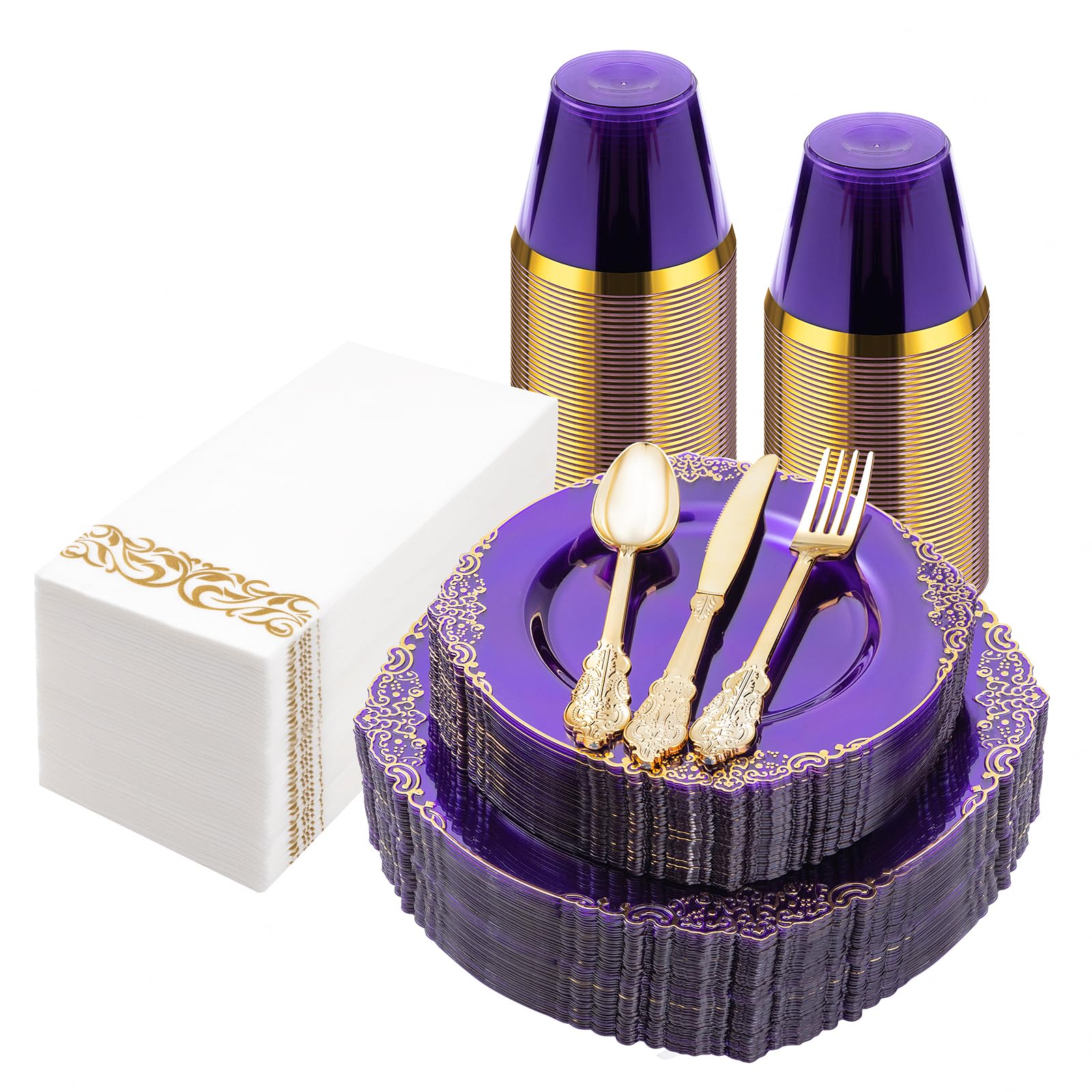 Bestluck 175Pcs Clear Purple Plastic Plates For 25 Guests, Disposable Plates With Gold Trim Include 25 Dinner Plates, 25 Dessert