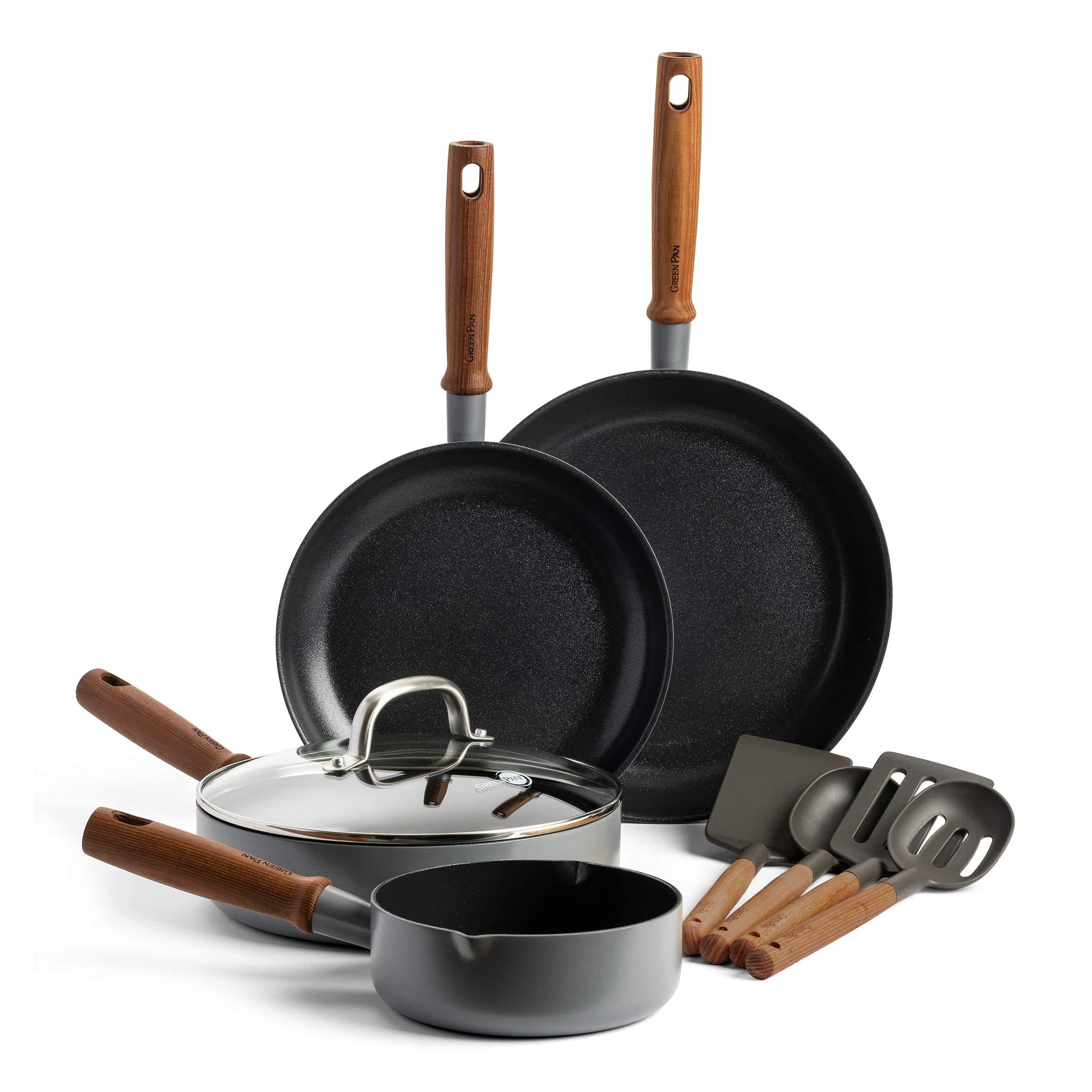 GreenPan Mayflower Pro Hard Anodized Healthy Ceramic Nonstick, 9 Piece Cookware Pots and Pans Set, Vintage Wood Handle, PFASFre