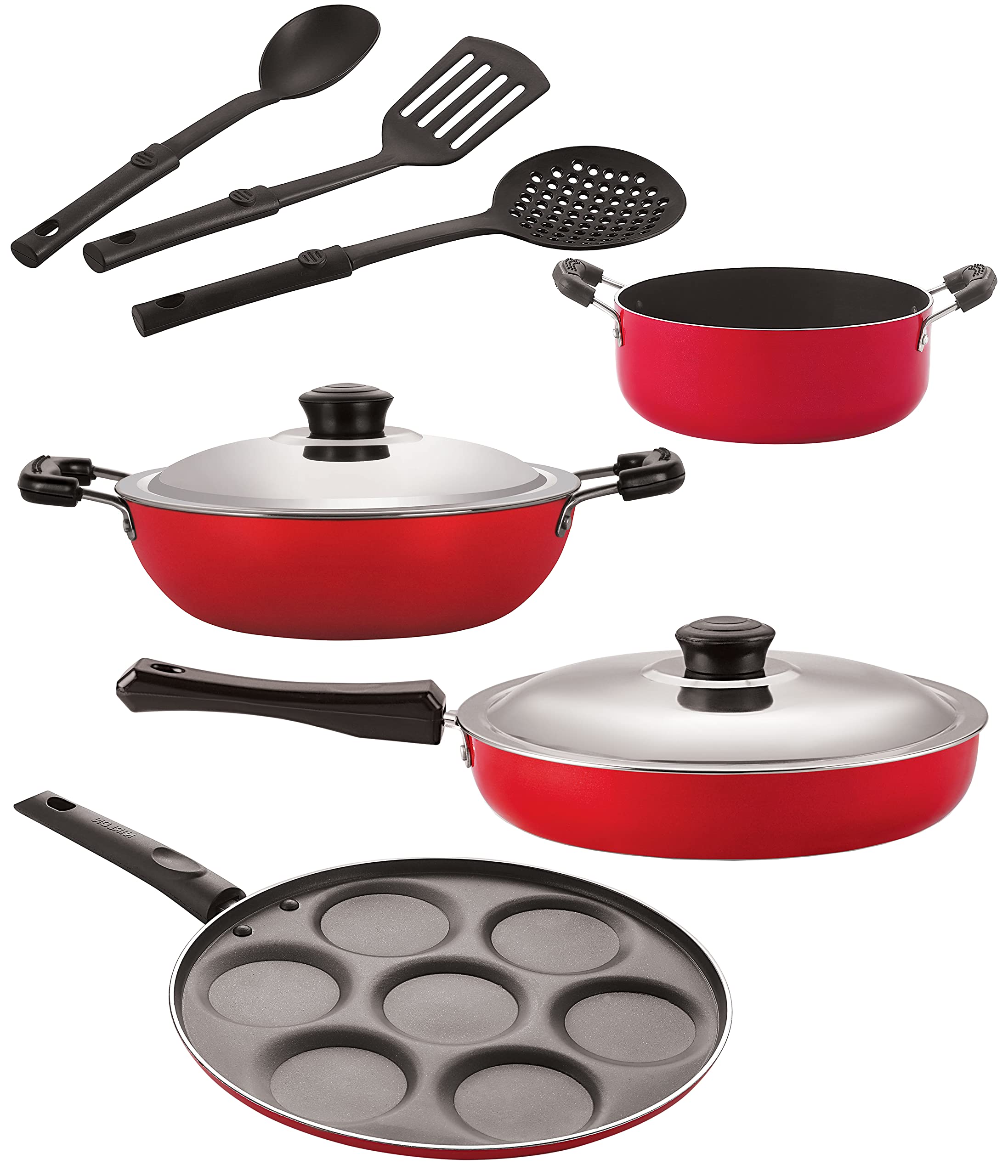 Nirlon Nonstick Coated Aluminium 7 Pcs Set Of Deep Kadhai24Cm,Uttapam7 Cavity,Casserole22Cm,Fry Pan24Cm & 3 Spoon (2.6Mm_Dkd