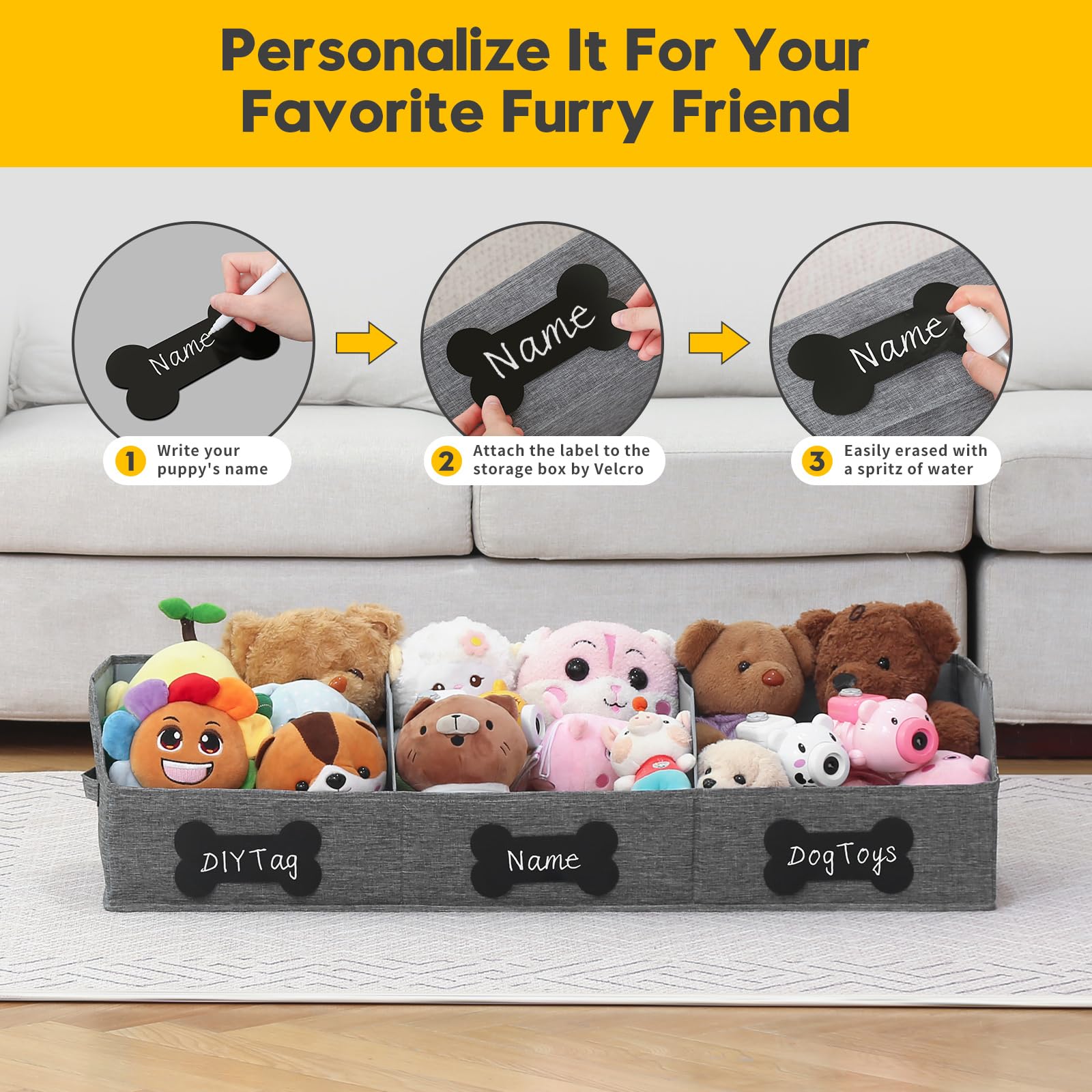 Qozary Large Dog Toy Basket With Diy Tag - Collapsible Dog Toy Bin, Fabric Personalized Dog Toy Box, Trapezoid Dog Toy Storage A