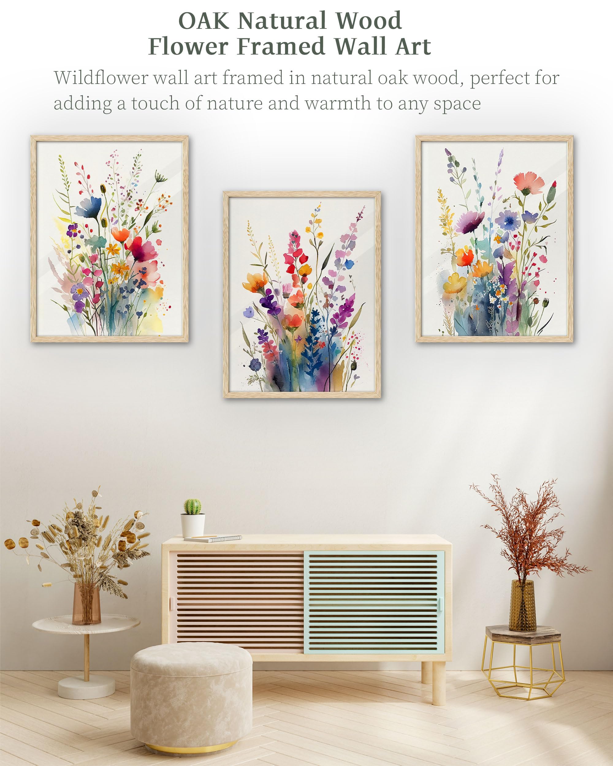 iHery Floral Wall Art Set of 3, 12x16 in Oak Wood Framed Canvas Prints, Colorful Wildflower Decor for Bedroom Living Room