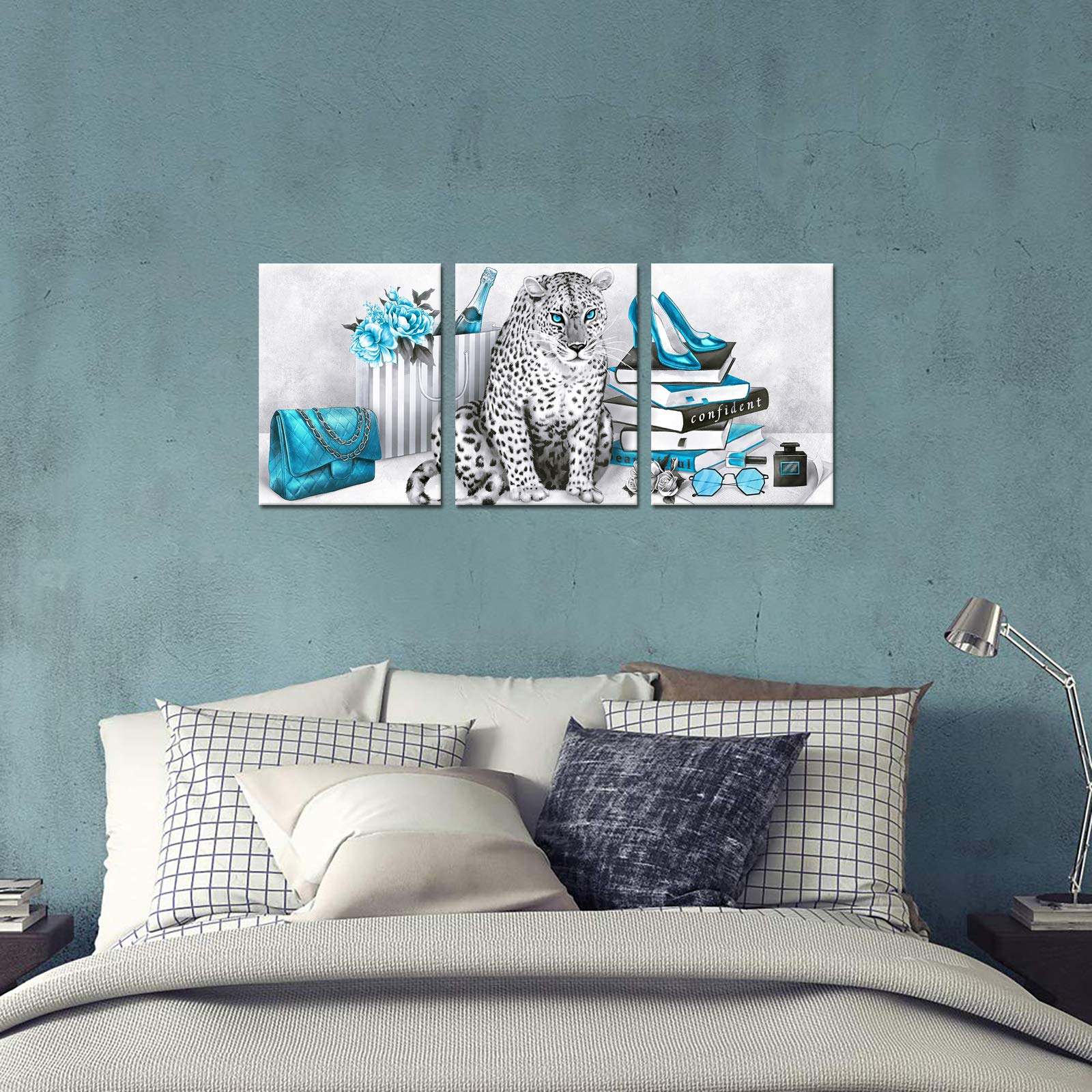 Visual Art Decor Turquoise And Grey Wall Art Leopard Decor Painting Canvas Prints Girls Bedroom Bathroom Wall Decor 12Inchx16Inc