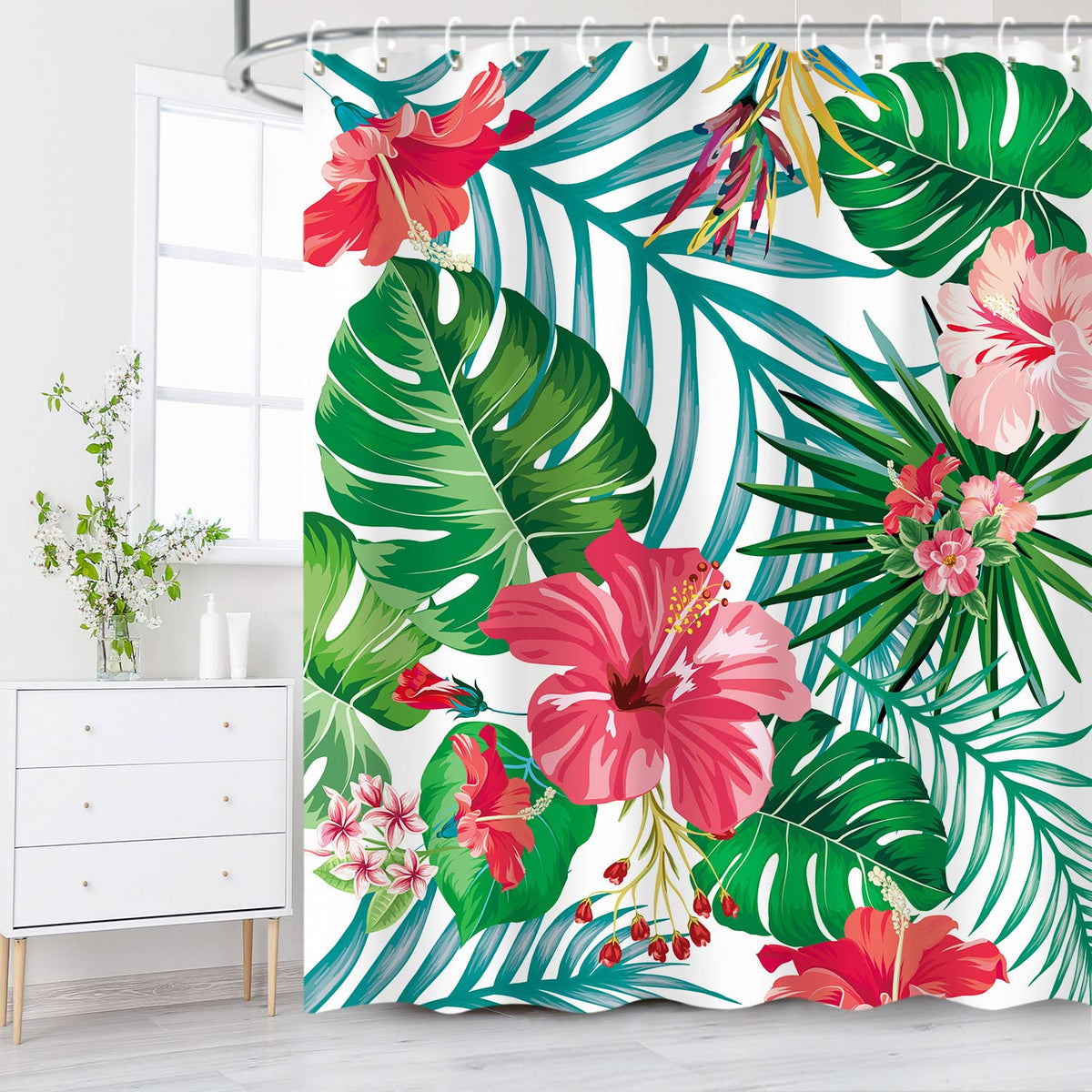 Livilan Floral Shower Curtain, Green Shower Curtain, Tropical Shower Curtains For Bathroom, Flower Shower Curtain, Botanical Sho
