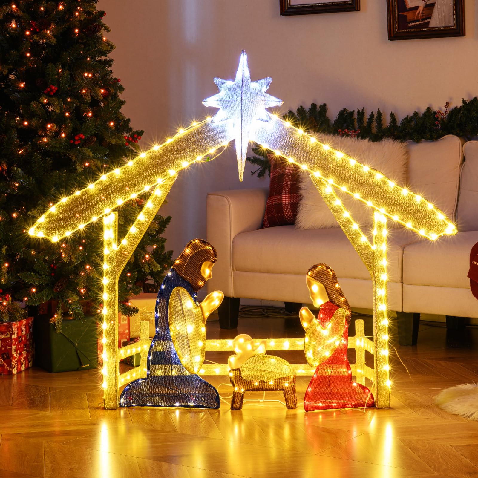Tangkula 4.7 FT Christmas Lighted Nativity Scene Set, Xmas Pre-lit Holy Family Set with Zip Ties & Ground Stakes, Christmas Holi