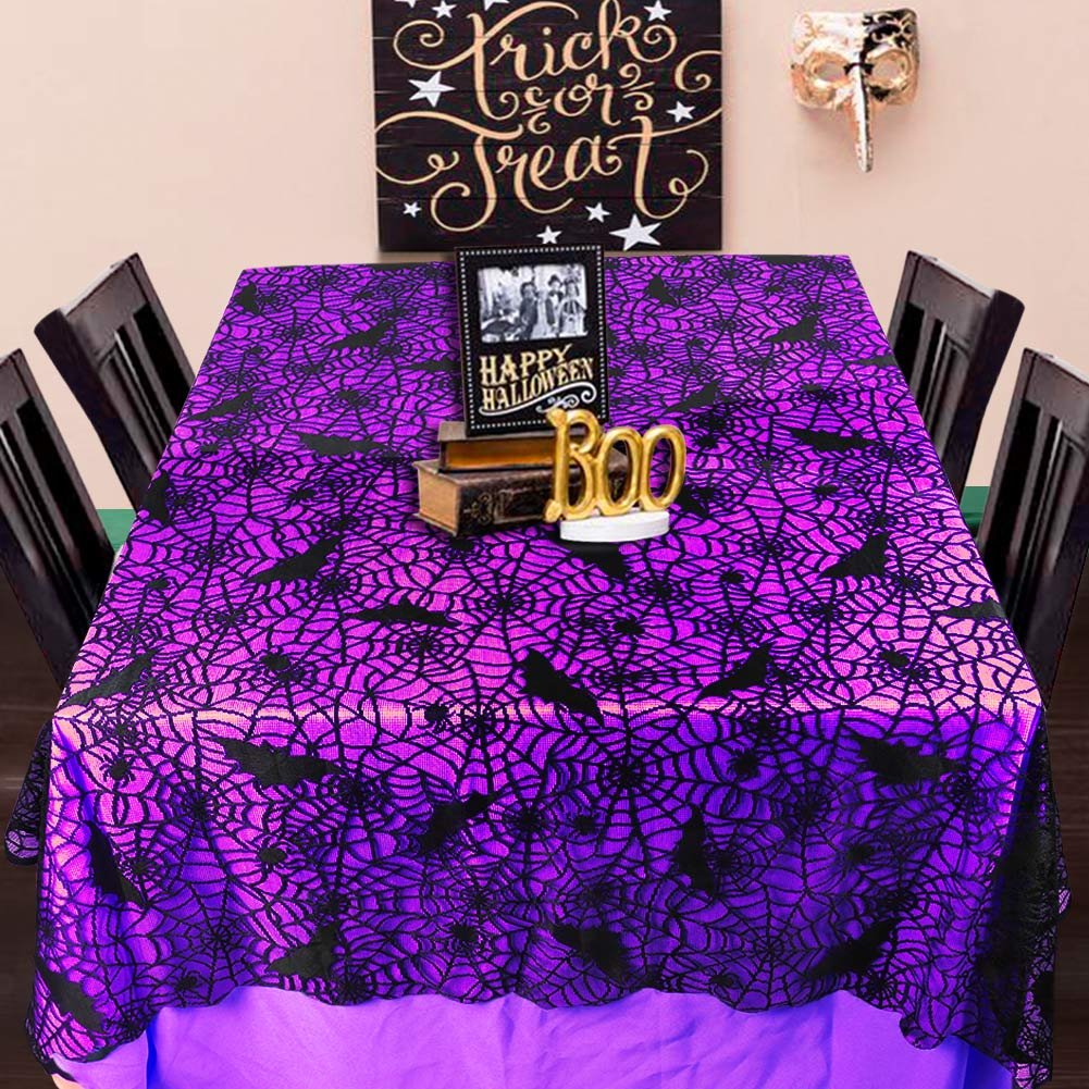 OurWarm Halloween Tablecloth, Rectangular Polyester Lace Tablecloth Black Spider Web Tablecover for Scary Movie Nights Halloween