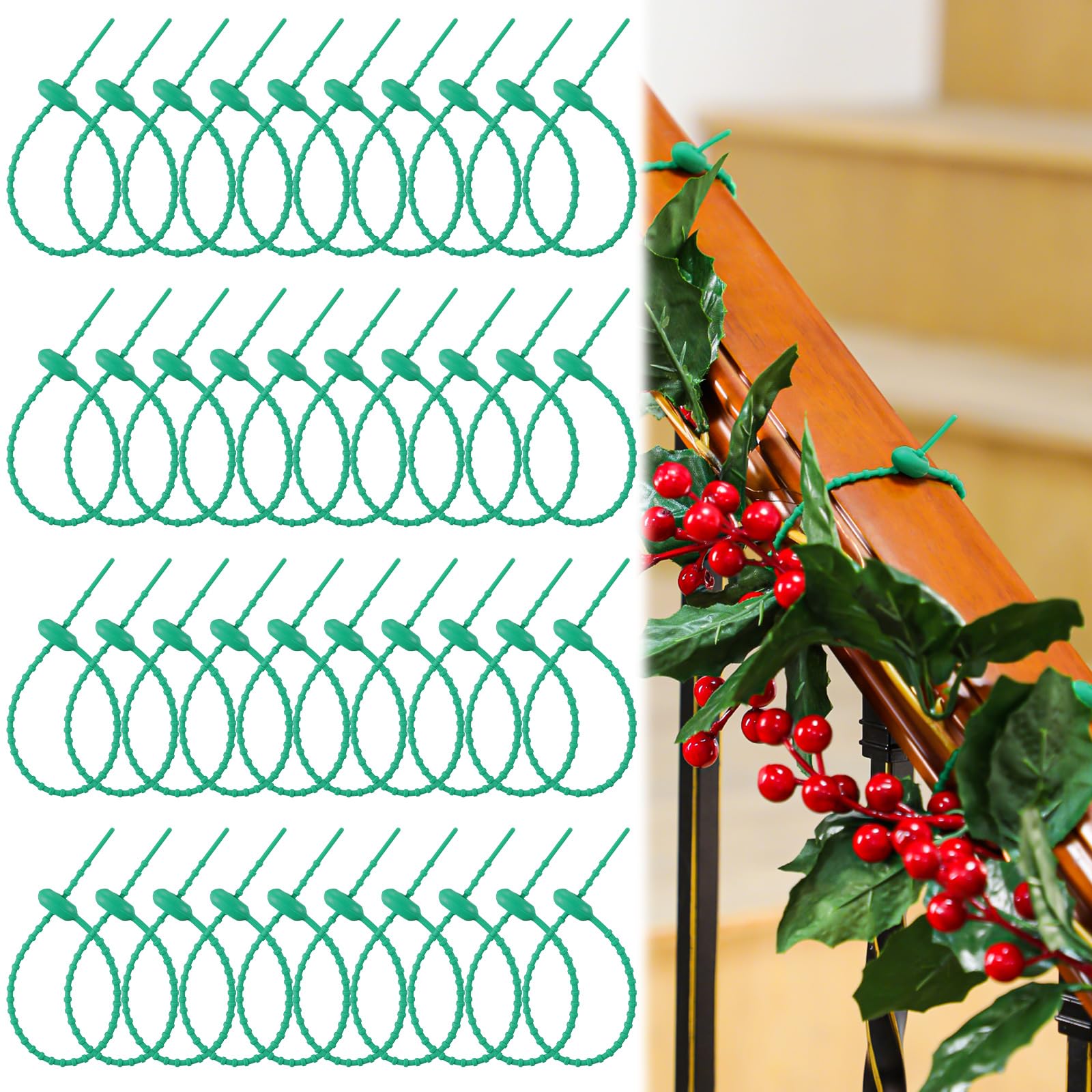 Roowest 100 Pcs Christmas Garland Ties 9 Green Flexible Adjustable Decorative Silicone Soft Banister Ties Reusable Garland Str