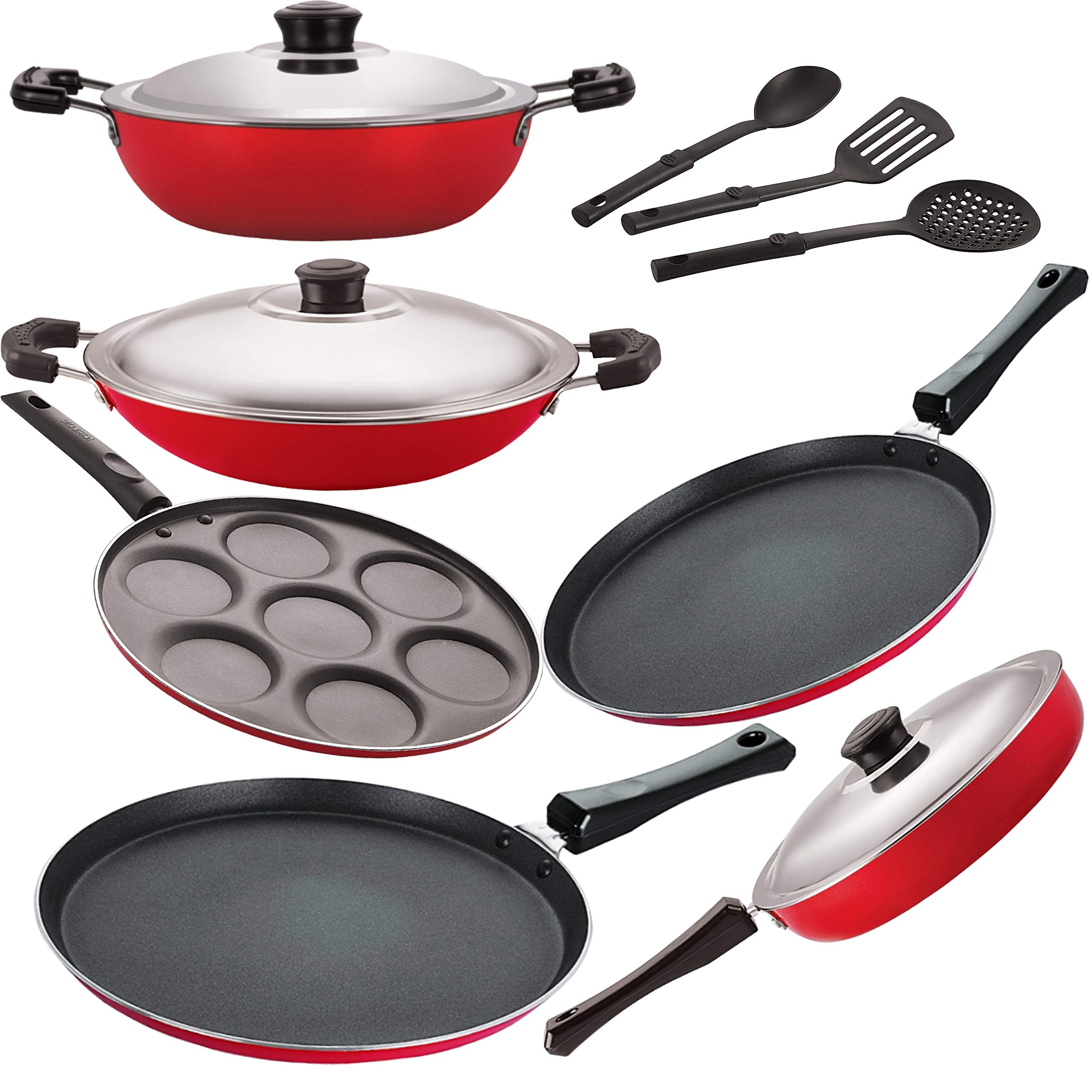 Nirlon NonStick Aluminium Heavy Guage Cookware Set For Cooking, Red & Black 9Pieces, 2.6Mm_Ft13_Ft12_Dkdb_Ch_Up_Fp12_3Spn
