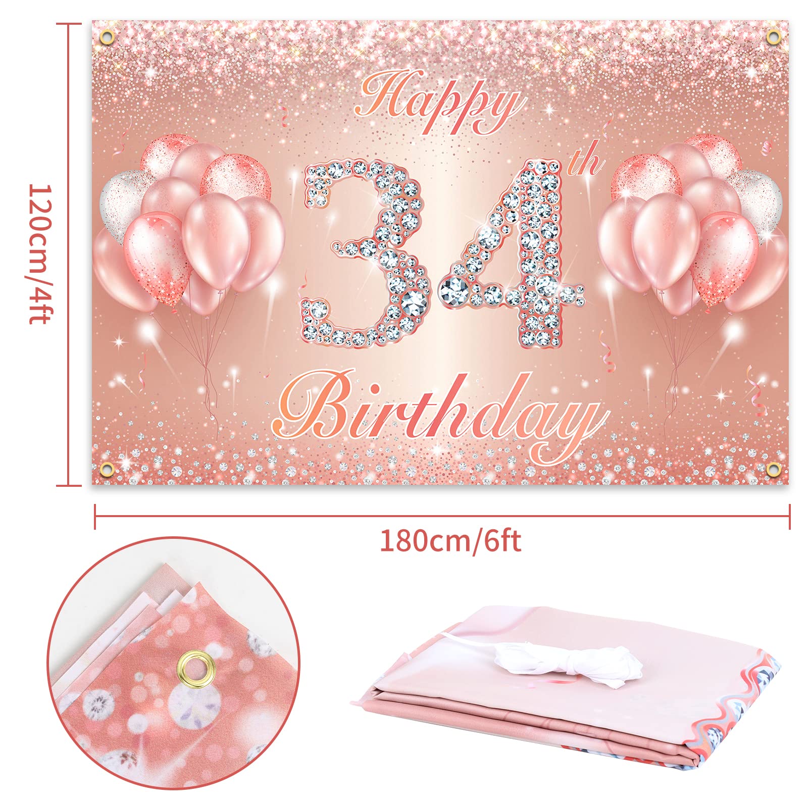 Happy 34Th Birthday Banner Backdrop - 34 Birthday Party Decorations Supplies For Women Or Men - Rose Gold 4 X 6Ft