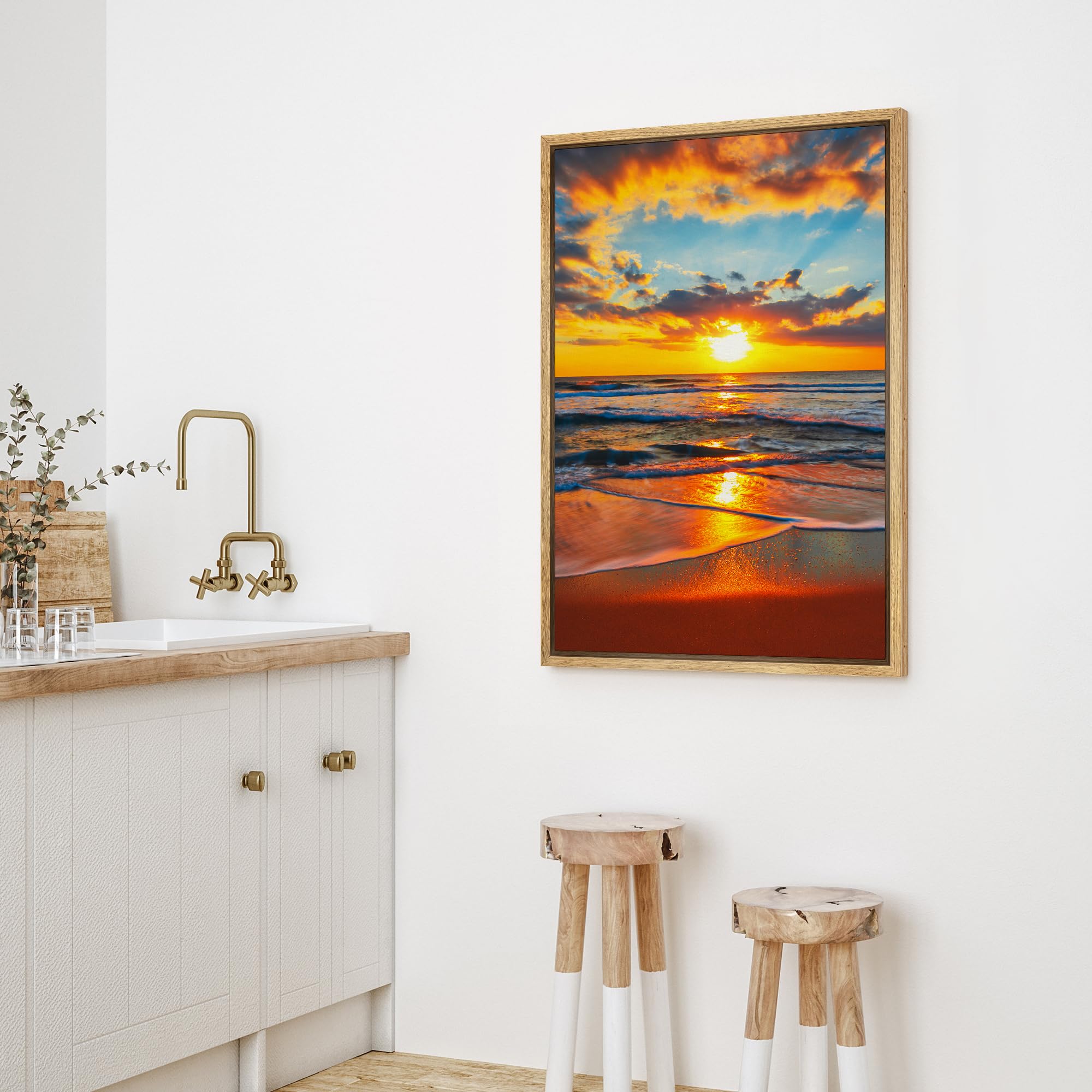Wall26 Framed Canvas Print Wall Art Vibrant Ocean Beach Paradise Sunset Sky Nature Wilderness Photography Realism Decorative Lan