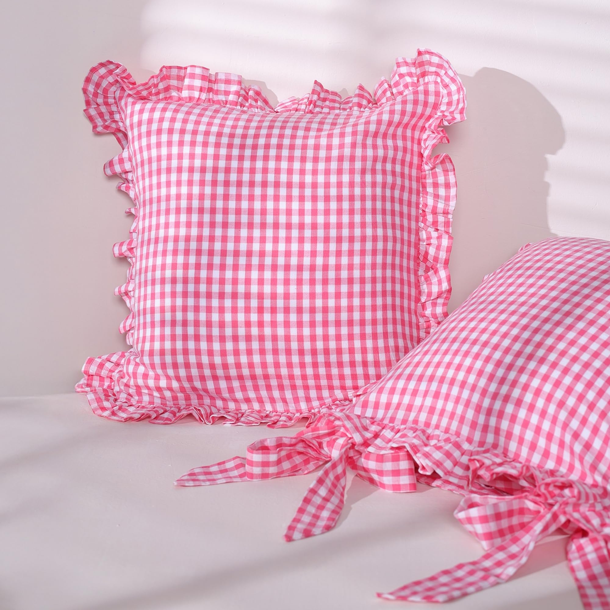 Sleepy Threads Soft Cotton Cushion Cover | Pack Of 3| Checkered Pattern In Pink Colour With Frills On Border For Sofa,Living Or 