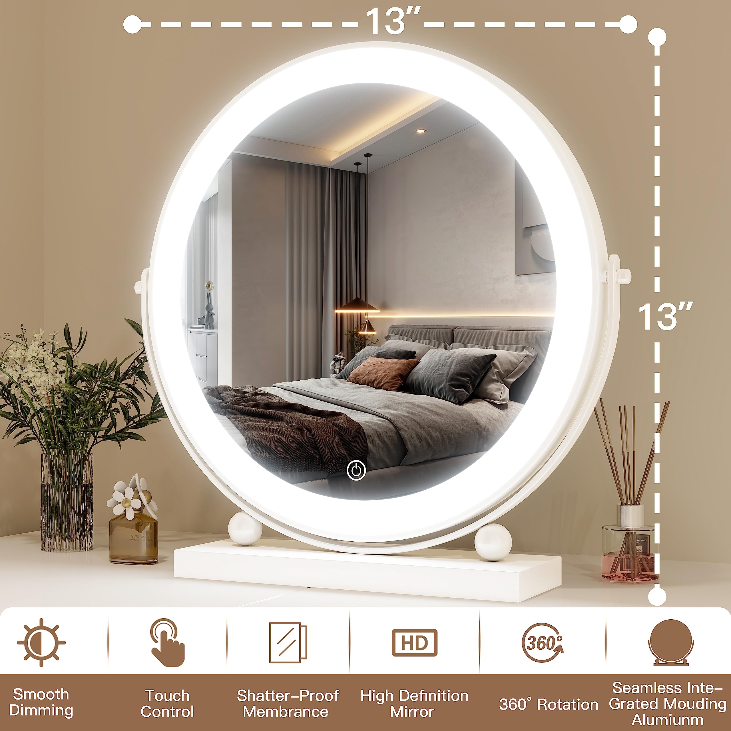 Rolove 13 Inch Vanity Mirror With Lights, Round Make Up Mirror With Lighting, Led Mirror Makeup Mirror With Lights For Bedroom T