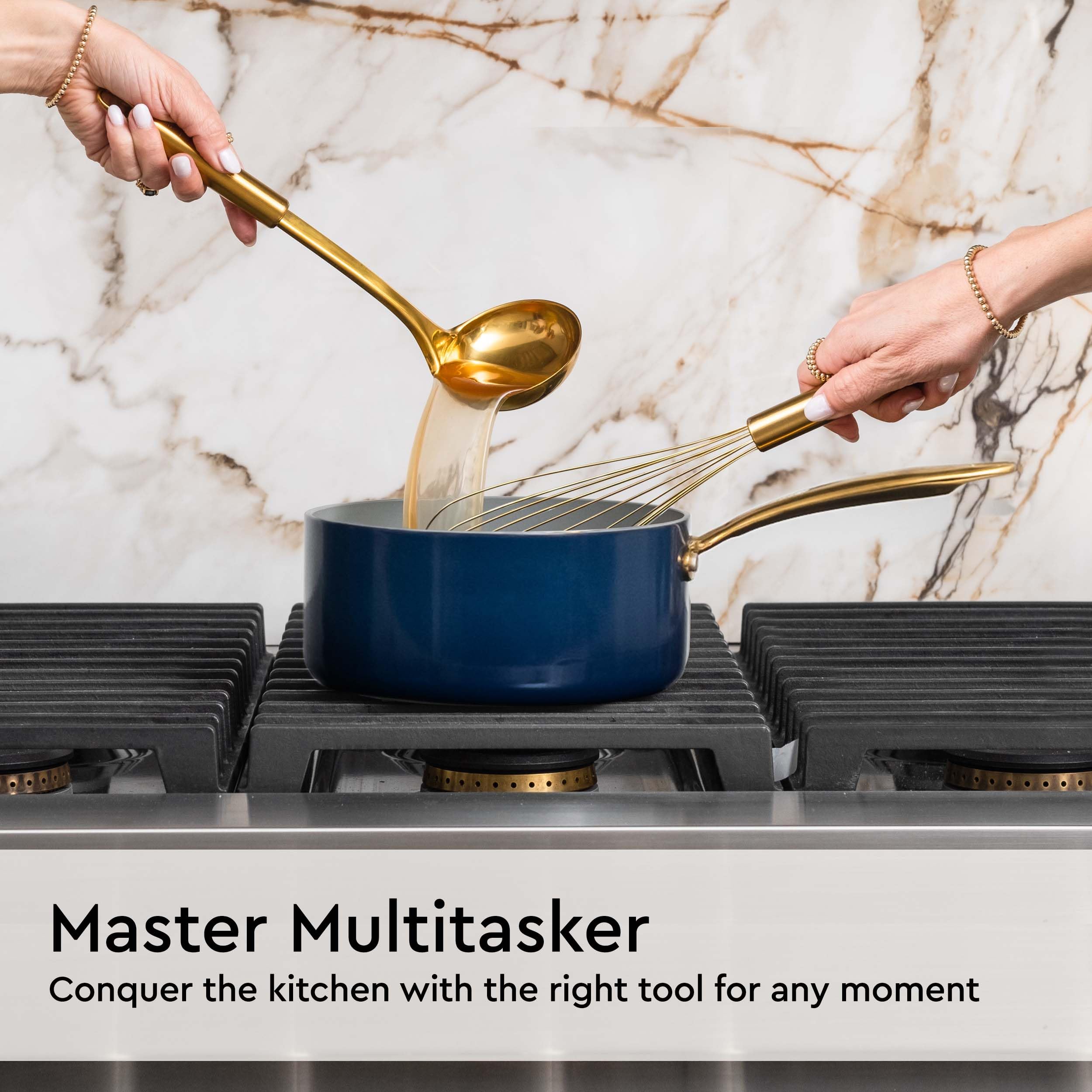 Gold And Navy Blue Kitchen Utensils - 7 Piece Navy Blue Utensils Set Includes Gold Utensil Holder And Gold Kitchen Utensils - Na