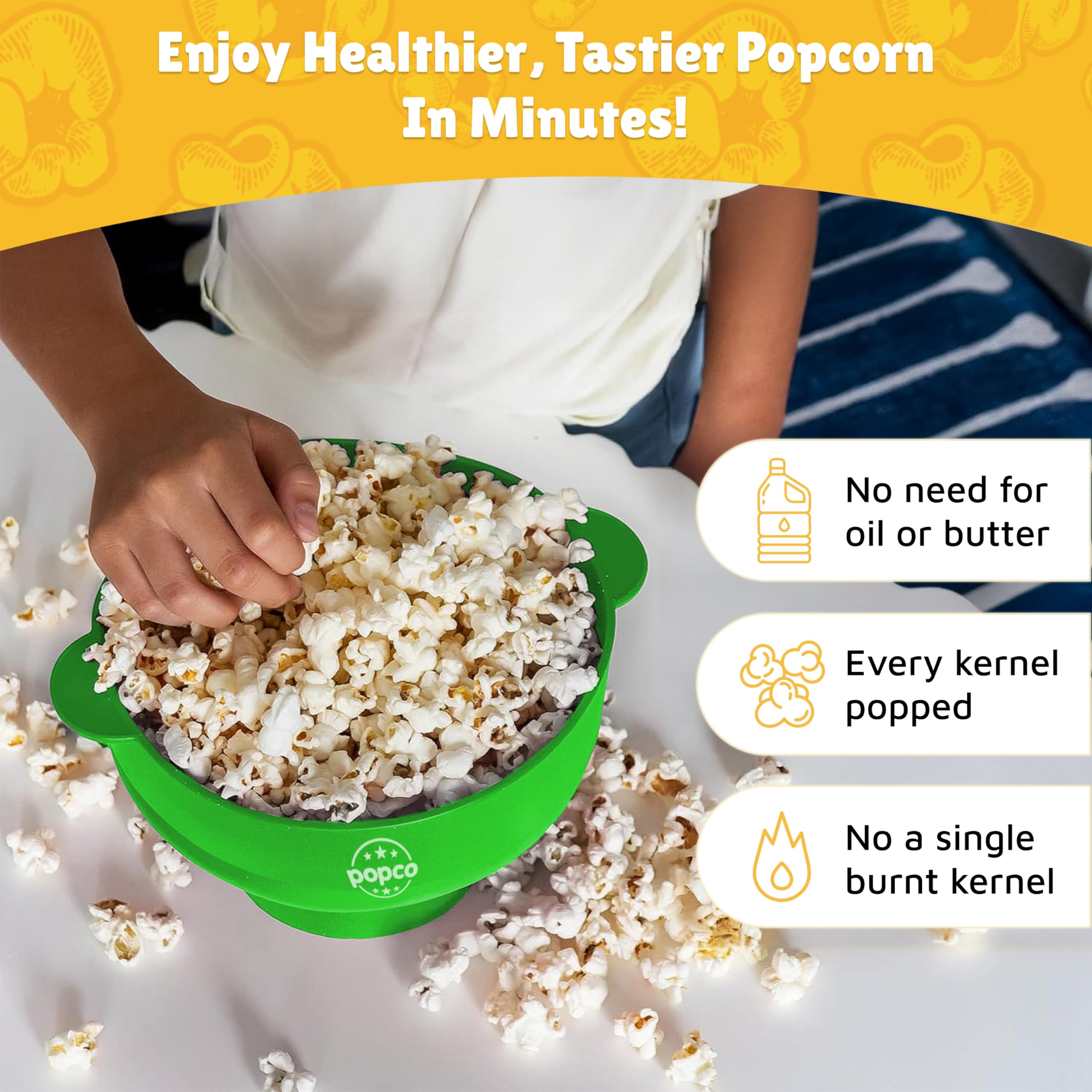 POPCO Silicone Popcorn Popper - Collapsible Microwave Popcorn Maker - Air Popper Pop Corn Bowl with Handles and Lid - Dishwasher