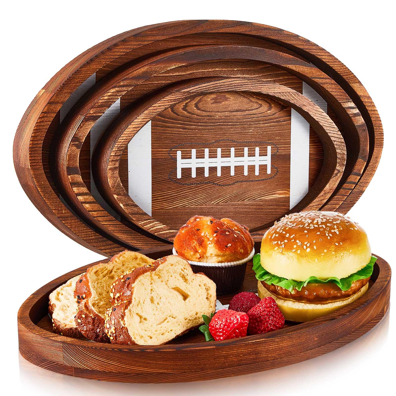 Geetery 3 Pcs Football Serving Trays Wooden Shaped Football Plates Football Serveware Tailgate Party Serving Platter For Game Pa