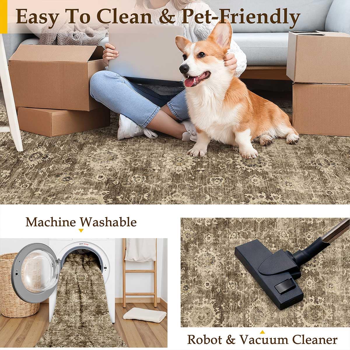WondRg 3x8 Washable Runner Rug for Kitchen Hallway Brown Vintage Non-Slip Low Pile Distressed Rustic Carpet Lightweight Vacuumab