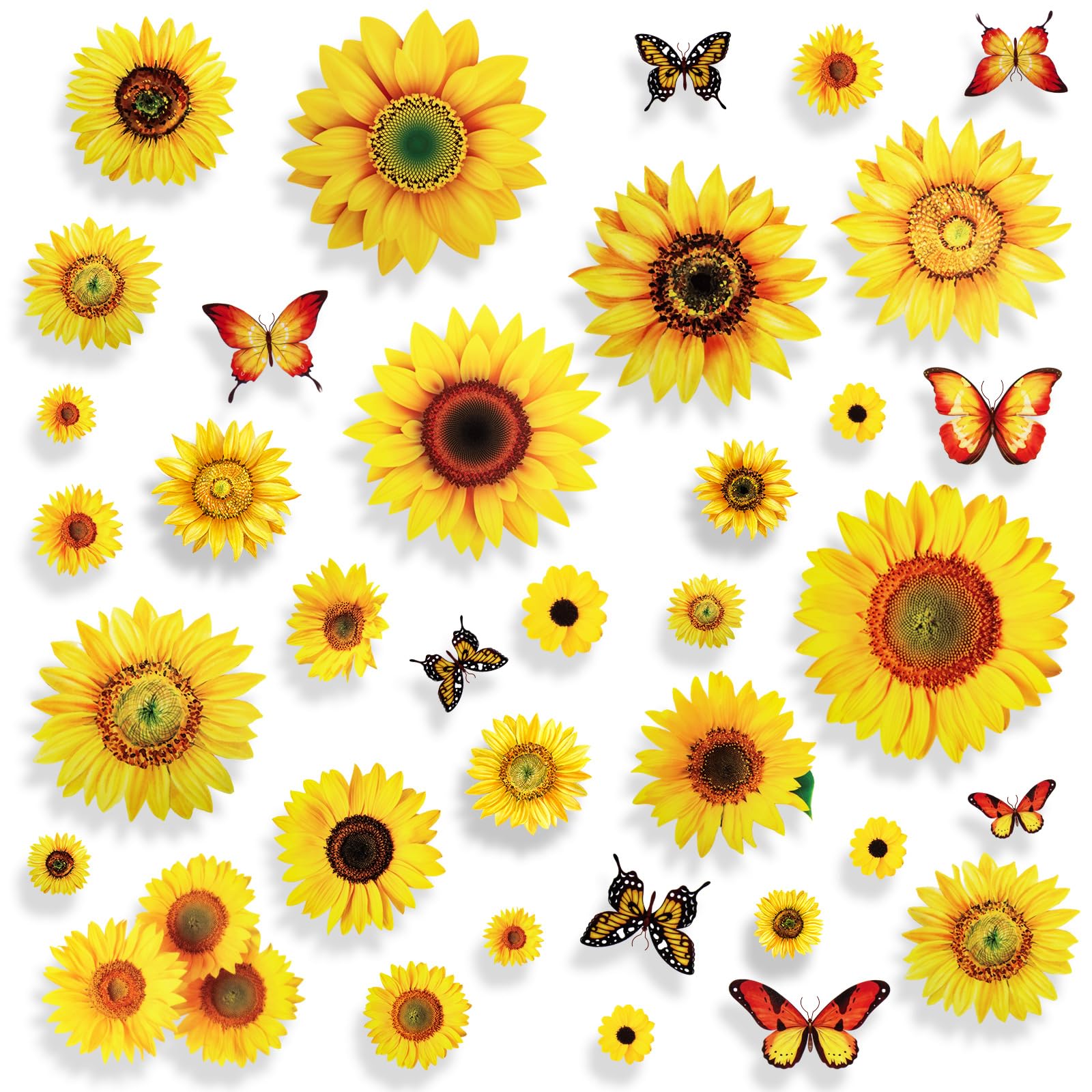100 Pcs Sunflower Window Wall Stickers With 3D Butterfly, 1-4 Inch Vinyl Sunflower Window Clings Decor, Self-Adhesive Peel And S