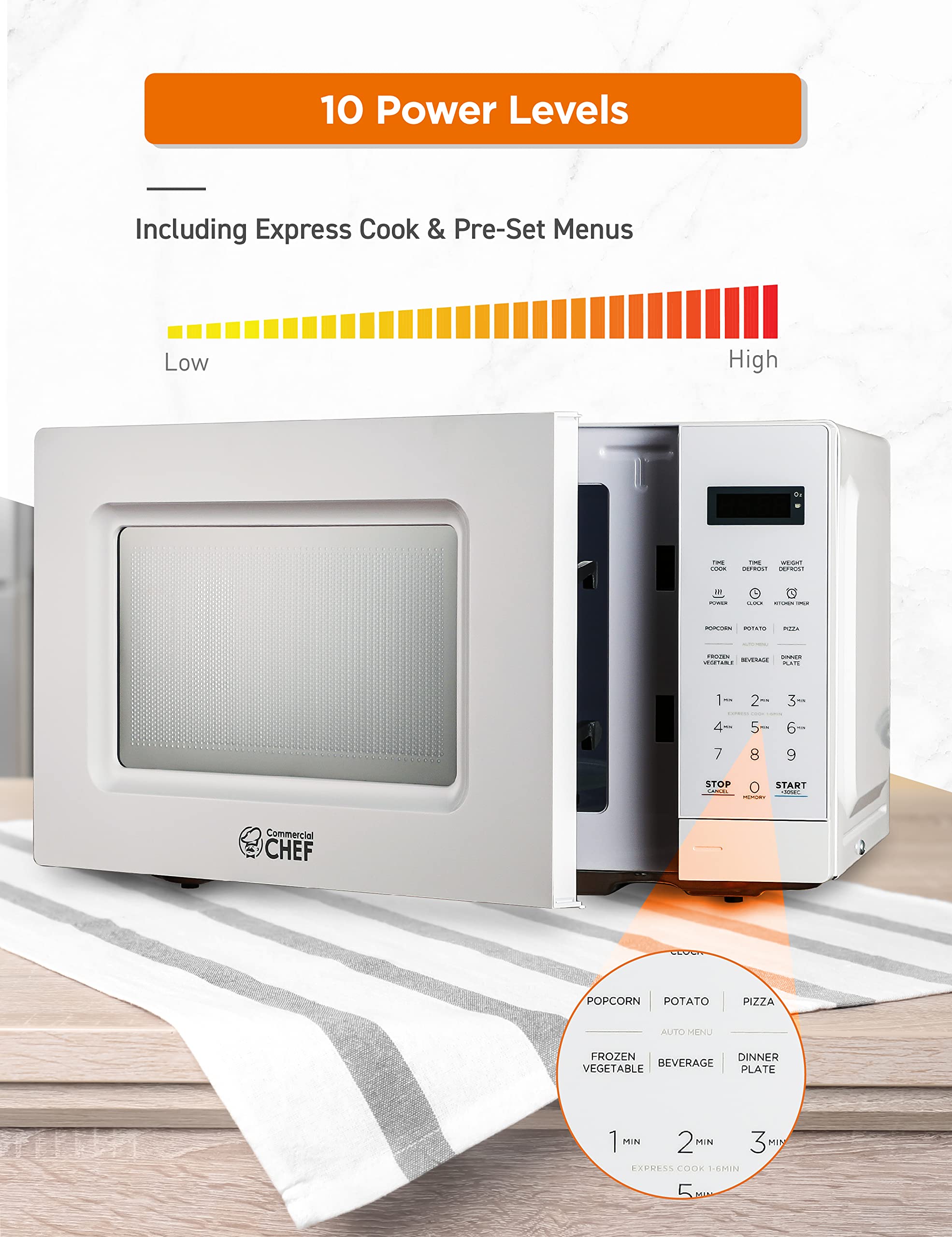COMMERCIAL CHEF 0.7 Cu Ft Microwave with 10 Power Levels  700W Microwave with Digital Display  Countertop Microwave with Child Safety Door Lock  Programmable with Push Button  White