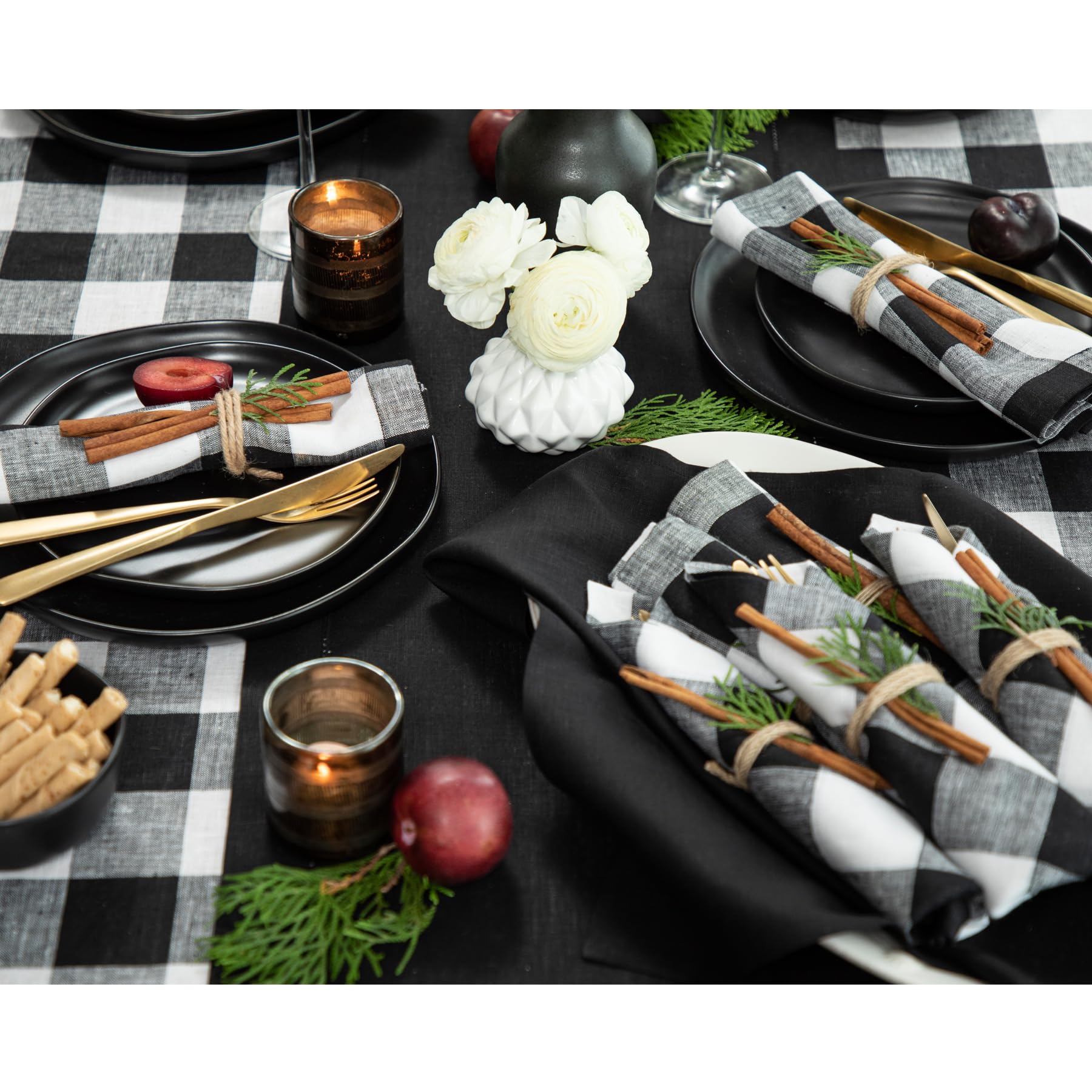 Solino Home Buffalo Check Linen Tablecloth 120 ''L X 60 ''W Inch - 100% Pure Linen Black And White Table Cloth For Rectangle Tab