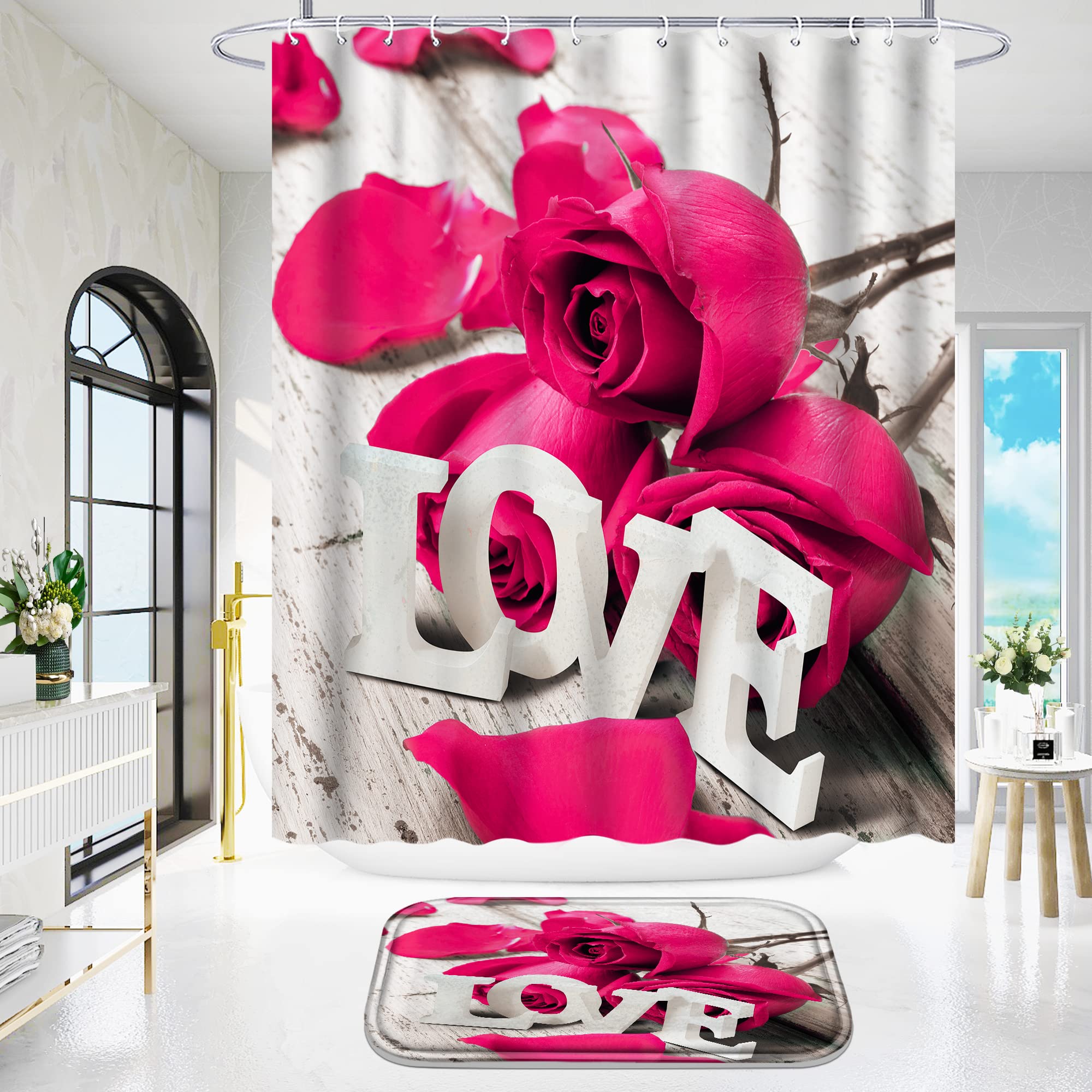 Poedist 4 Pcs Bathroom Shower Curtain Set, Pink Rose Shower Curtain Valentine'S Day Shower Curtain Sets With Rugs(Bath Mat,U Sha