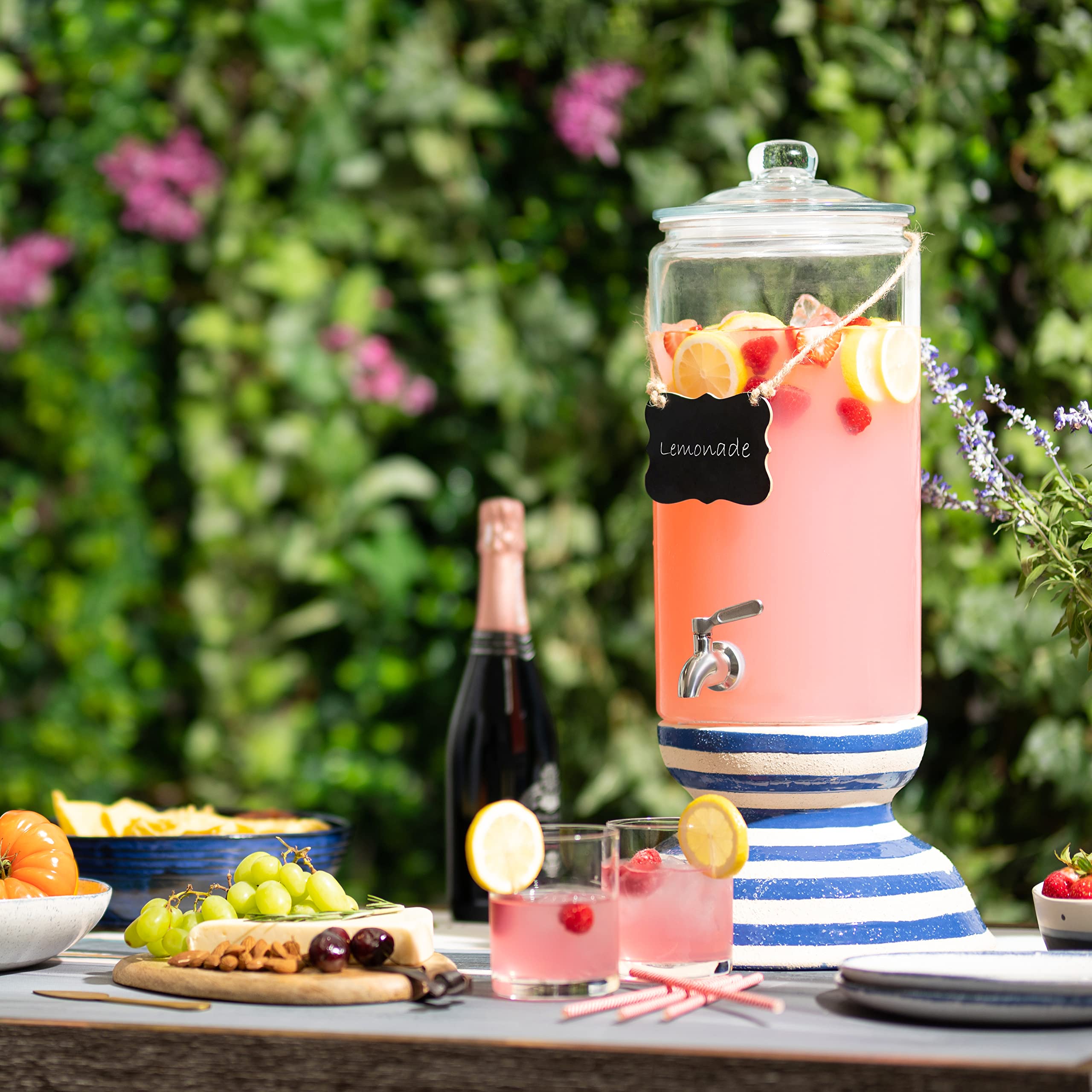 2 Gallon Beverage Serveware With Stainless Steel Spigot + Marker & Chalkboard 100% Leakproof Glass Drink Dispenser For Parties W